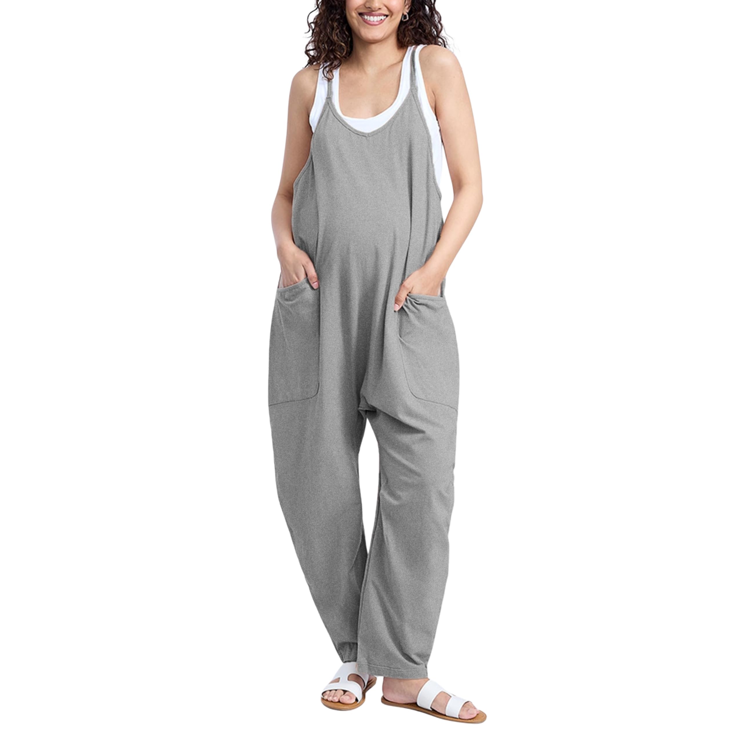 Motherhood Maternity Womens Casual Baggy Sleeveless V-neck Pregnancy Romper Jumpsuit With Loose Spaghetti Straps and Pockets
