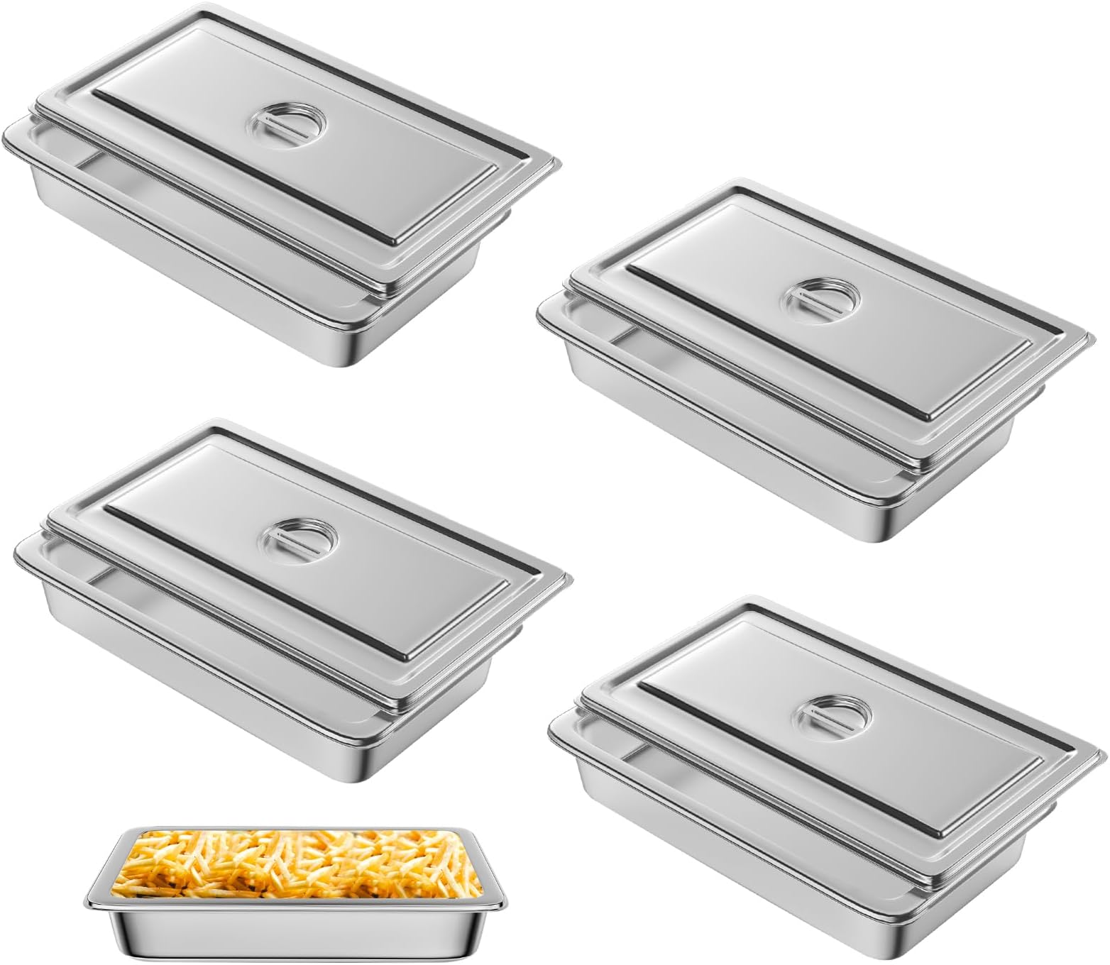 Hotel Pan, Full Size Steam Table Pan 4" Deep Stainless Steam Table Pan with Lid Full Size Food Pan 20.8" L x 13" W Anti Jam Stainless Steel Buffet Pan Commercial Stainless Steel Pan (4 Pack)