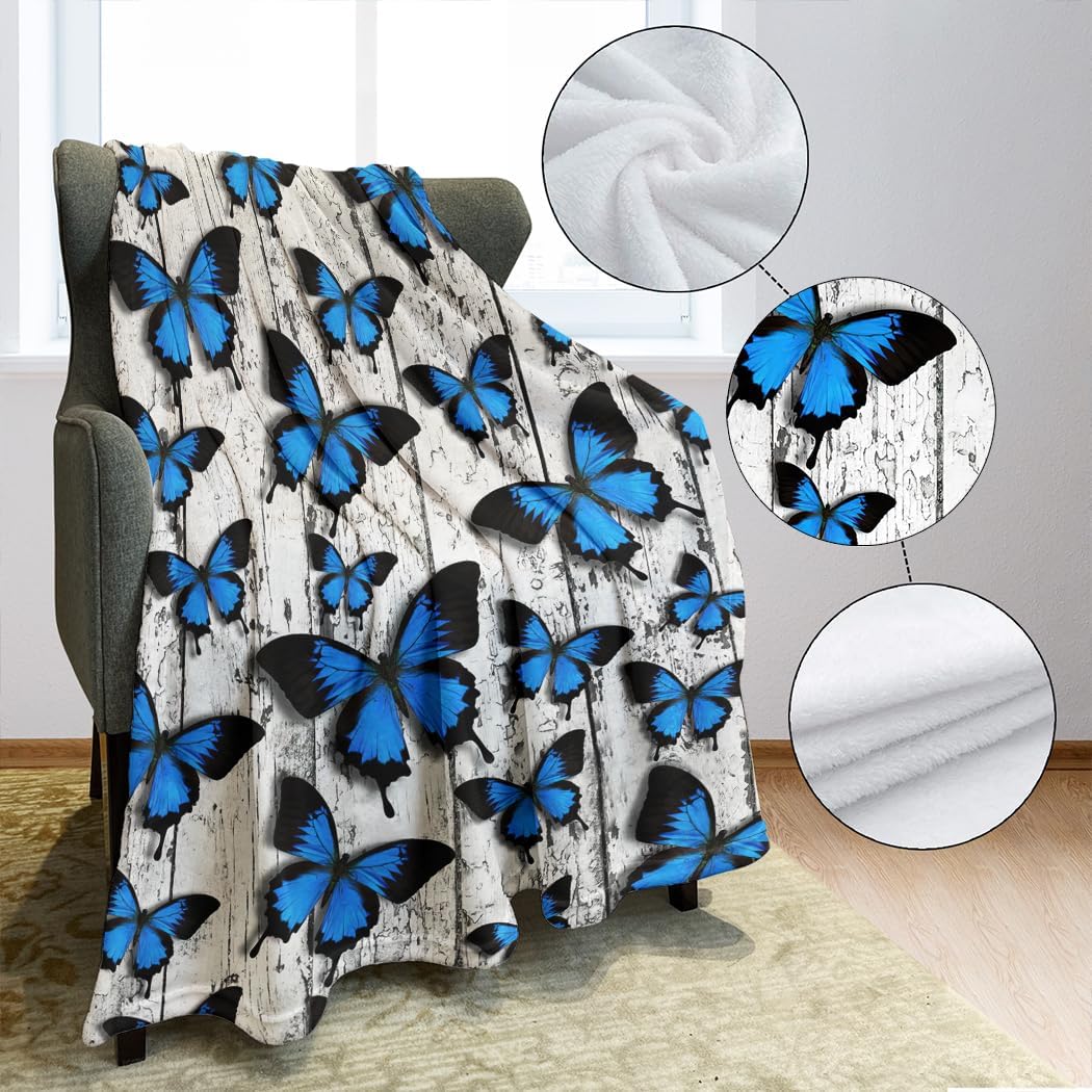 60"x80" Vintage Blue Butterfly Blanket - Soft Fleece Throw, Rustic Wood Design for Couch