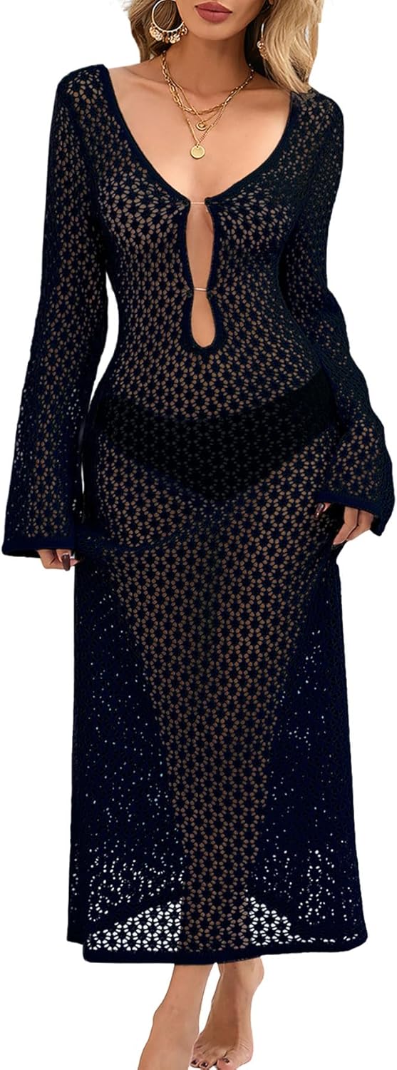 Womens Swimsuit Cover Up Bathing Suit Crochet Bikini Swimwear Coverups Knit Cut Out V Neck Long Sleeve Maxi Beach Dress