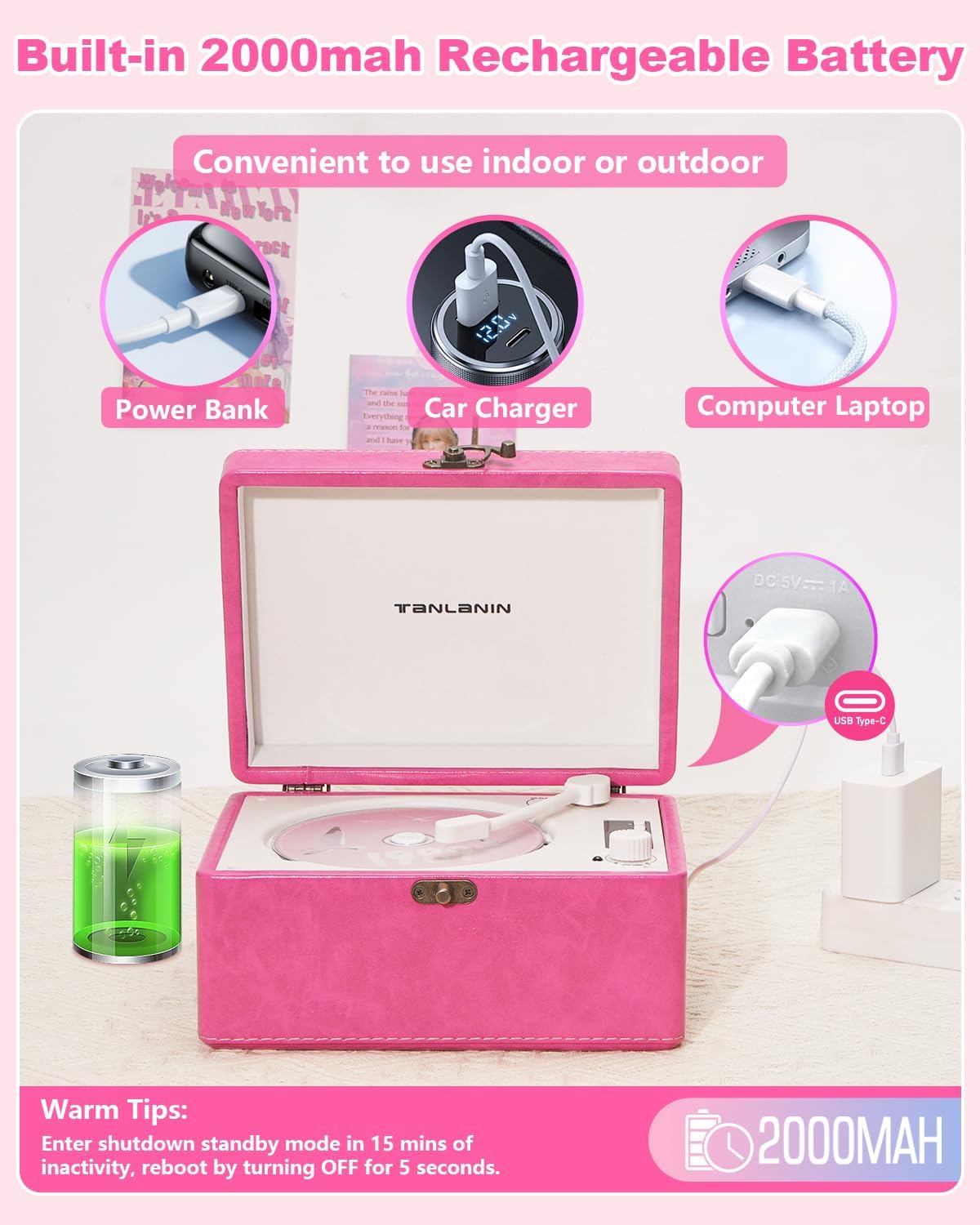 TANLANIN CD-001 CD player showing charging options via power bank, car charger, and laptop