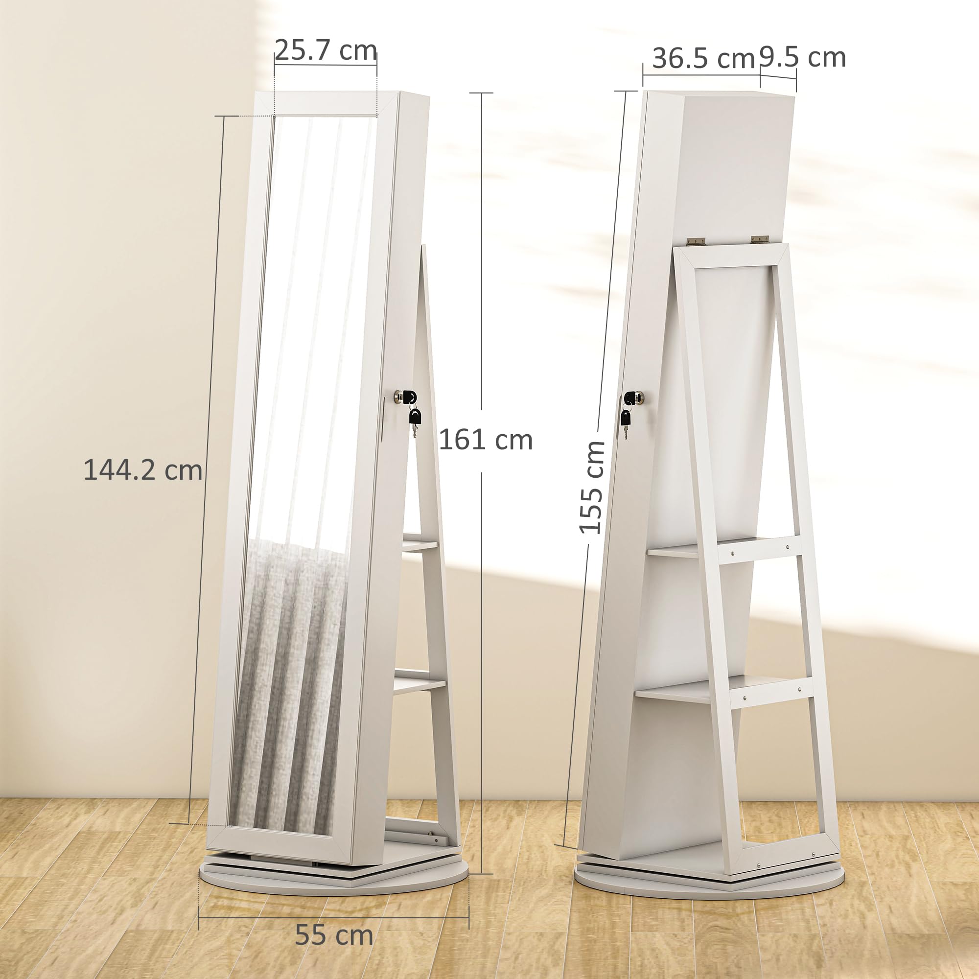 HOMCOM Specchio Portagioie Girevole a 360°, Armadietto Portagioie con Serratura con Chiave, Specchio a Figura Intera con 3 Ripiani sul Retro e 2 Cassetti, 55x55x161 cm, Bianco