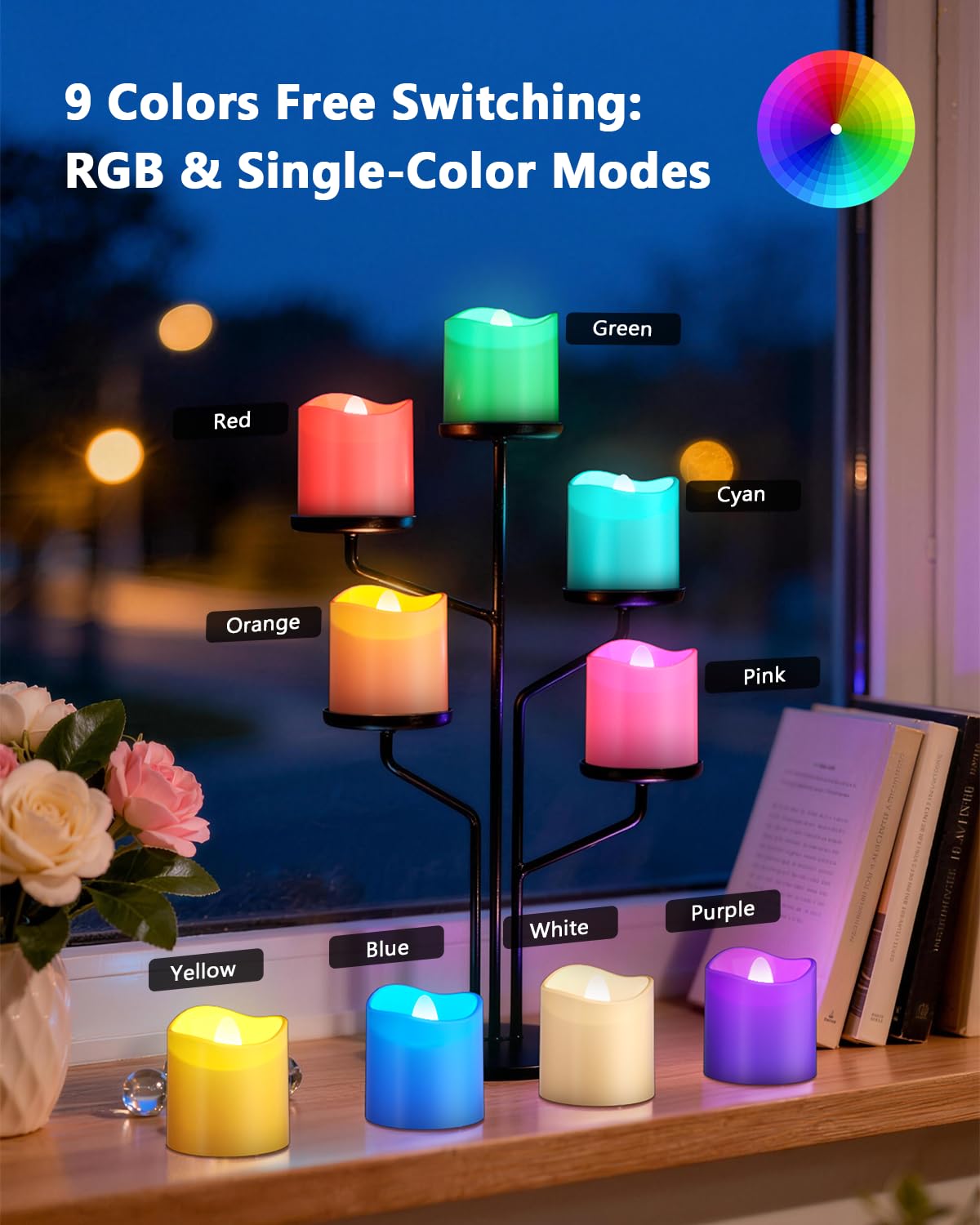 Ymenow Bunt LED Teelichter Wiederaufladbar mit Ladestation, 12 Stück Elektrische Aufladbar RGB Teelichter Kerzen Flackernde mit Timerfunktion & Fernbedienung für Zimmer Tisch Halloween Weihnachtsdeko