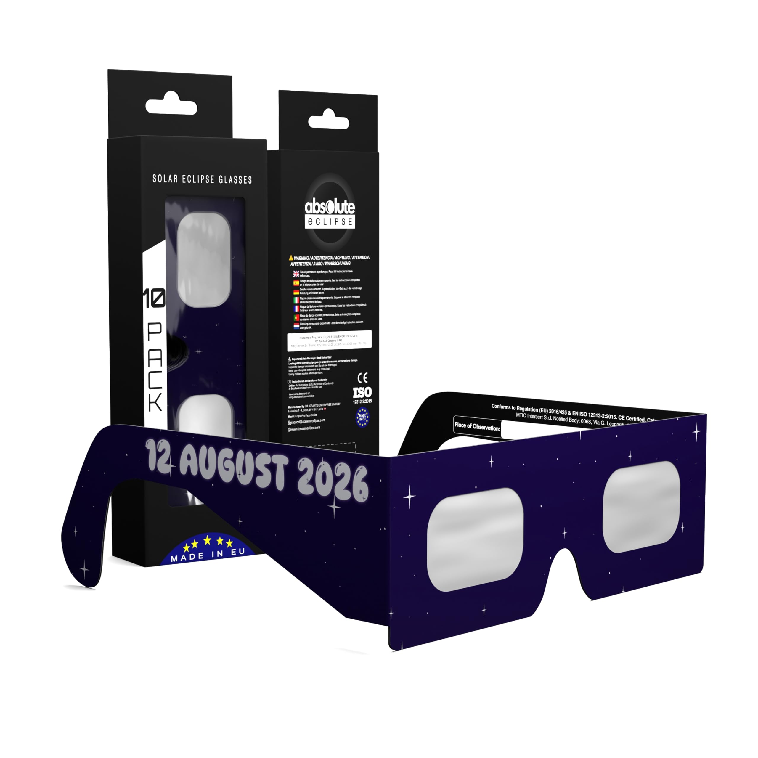 Absolute Eclipse Sonnenfinsternis Brille 2026 zum Sehen der Sonnenfinsternis - ISO 12312-2 CE Zertifiziert - 12. August 2026 - Erwachsene Kinder - EU Hersteller Anerkannt AAS - 55+ Designs