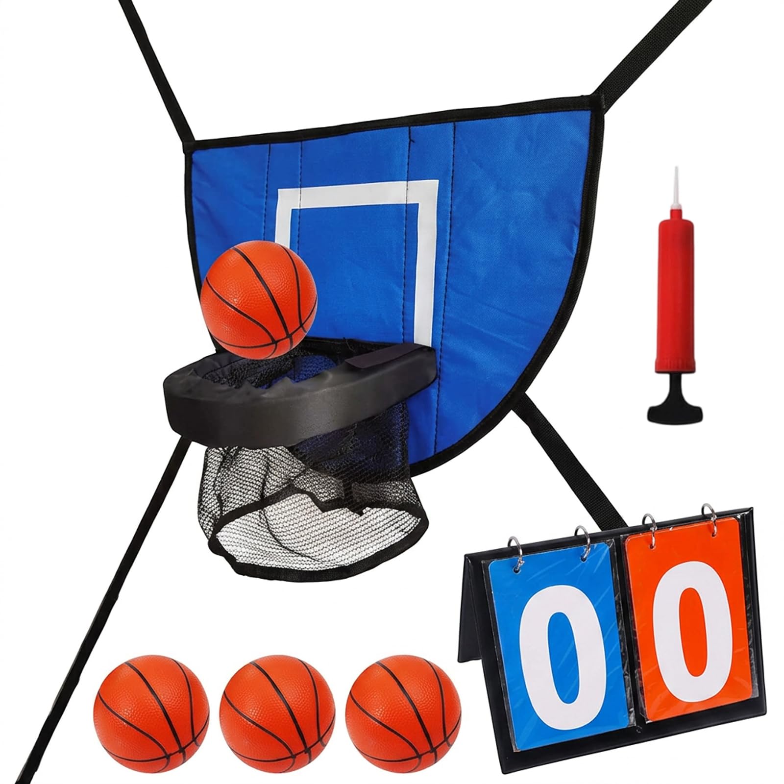 Trampoline Basketball Hoop Set, 7 Pcs Trampoline Accessories with Breakaway Rim, Includes Adjustable Hoop, Pump, Scoreboard and 4 Balls, Ideal for Family Outdoor Entertainment and Physical Activity