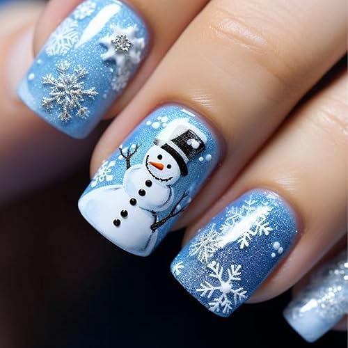 Christmas Press on Nails Short Square Blue Glitter Fake Nails