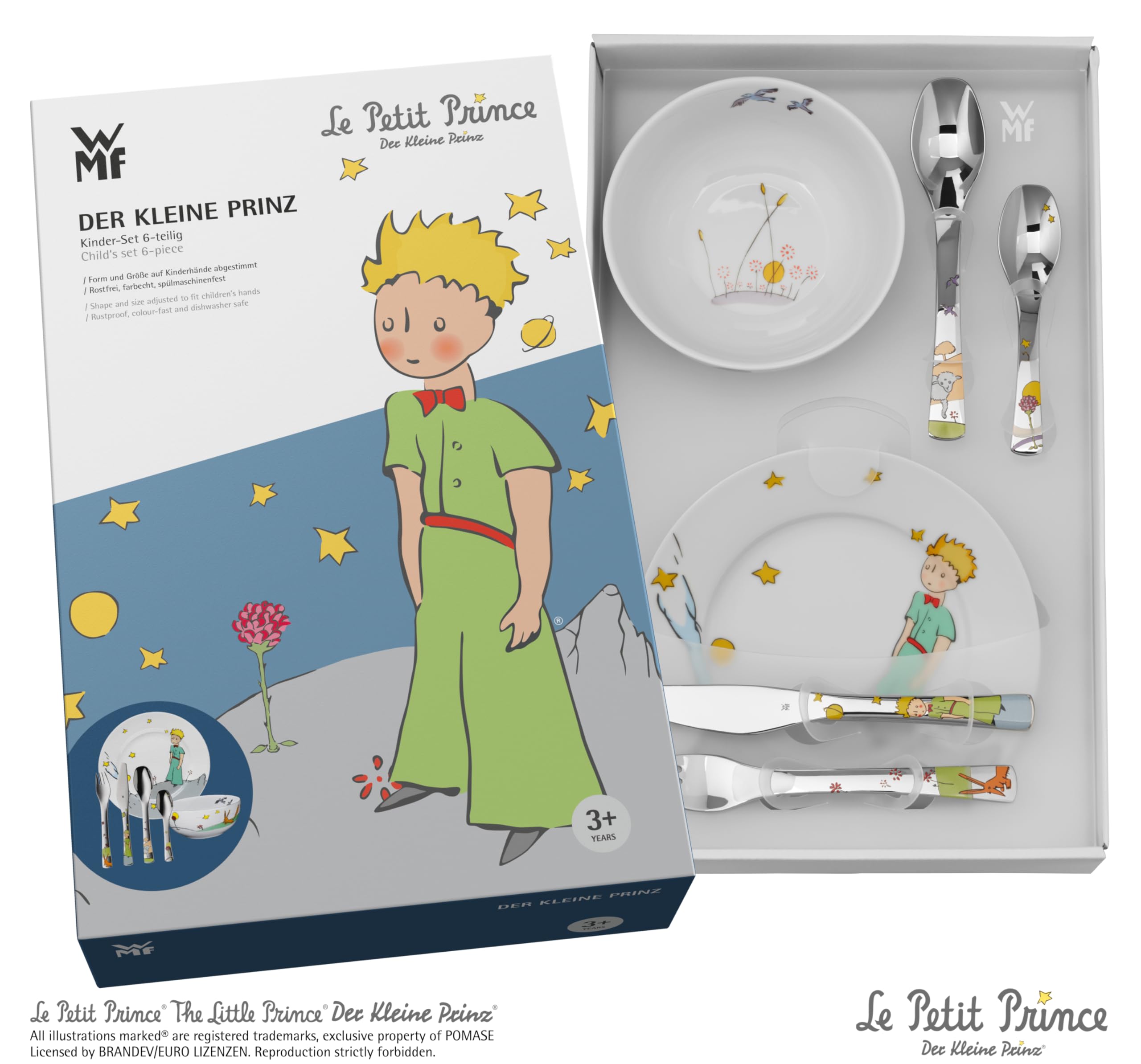 WMF Lot de 6 couverts pour enfant Le Petit Prince - En acier inoxydable avec gravure personnalisée - Couverts pour enfants passent au lave-vaisselle - Cadeau de naissance ou de baptême