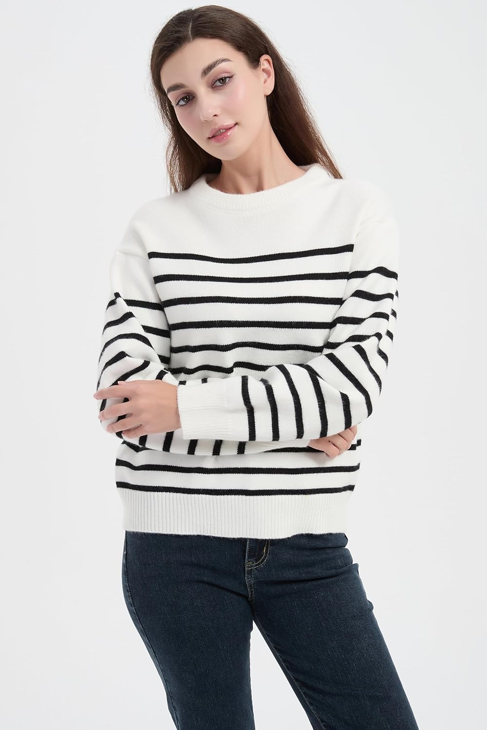Tronjori Womens Striped Jacquard Crewneck Sweaters Pullover Casual Fall Winter Long Sleeve Knit Tops - Image 4