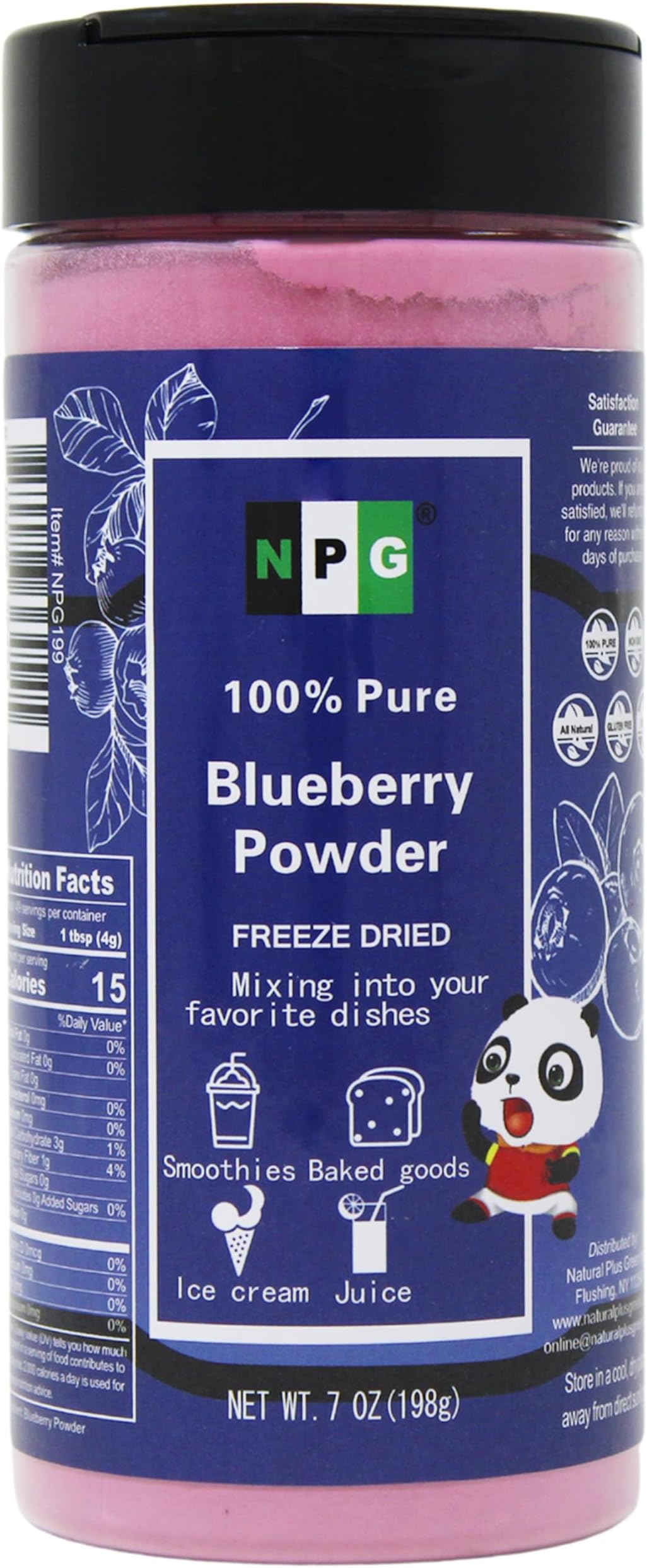 NPG Frezee-Dried Blueberry Powder 7 Oz, Seedless Fine Powder from Wild Wild Blueberries for Smoothies, Baking, Beverages, and Natural Food Coloring, No Sugar Added, Non-GMO