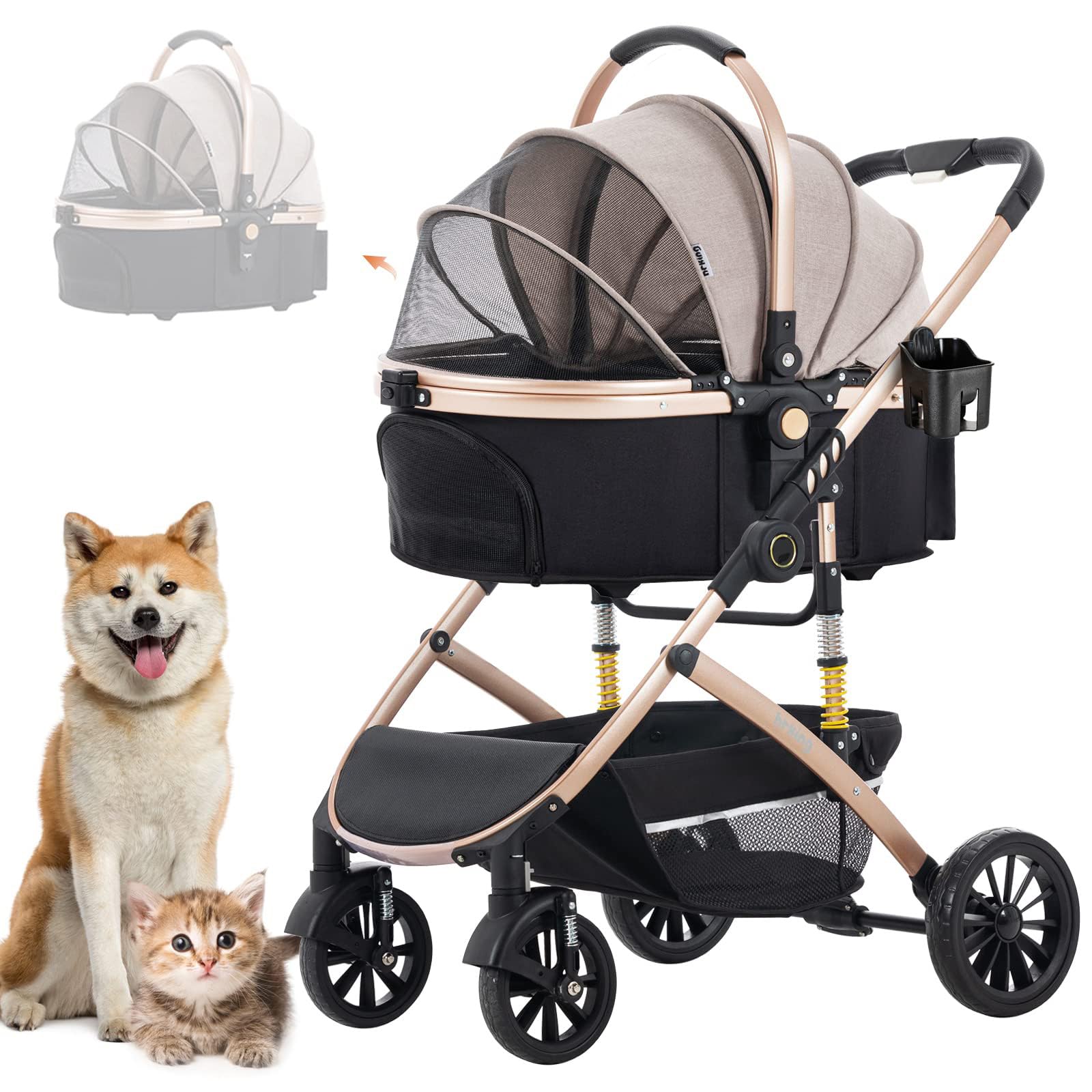 3 in 1 Hundewagen mit Abnehmbarer Reisesitz Hundebuggy Hundebox Transporttasche Klappbar, Haustier Kinderwagen bis 25KG