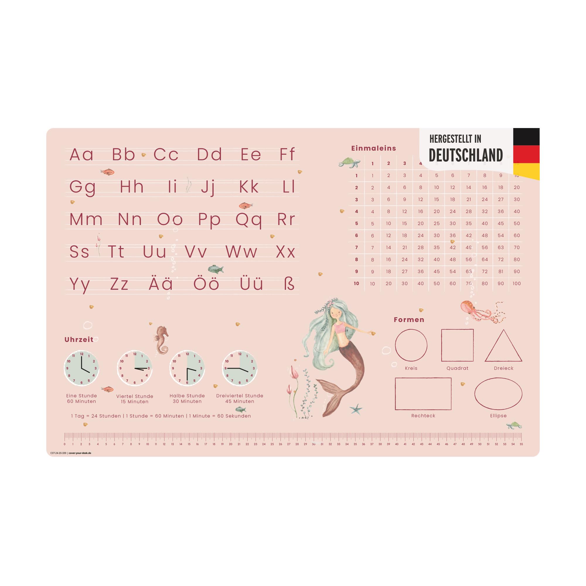 Pädagogische Schreibtischunterlage – Meerjungfrau Nixe – ABC & 1x1 – 60x40 cm – abwischbares Premium-Vinyl – Lernunterlage von Lehrern zur Einschulung empfohlen – Made in Germany