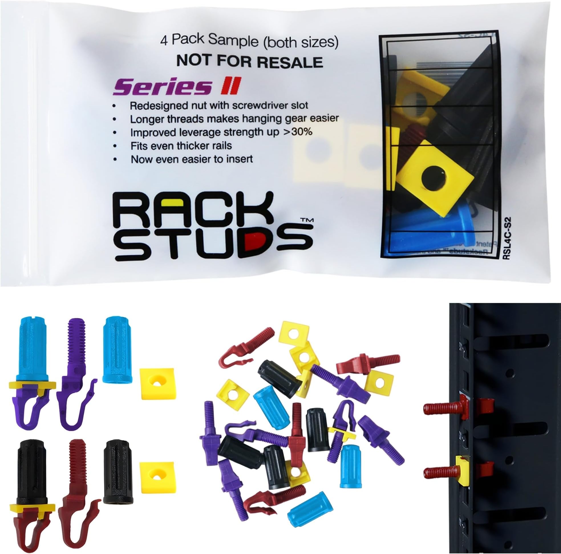 Rackstuds 4C Rack Mount Solution II - Sample Pack 4 of Each Size | Includes Both Red (2.2 mm) and Purple (3.2 mm) Studs | The complete solution for any 19" racks with square punched vertical rails