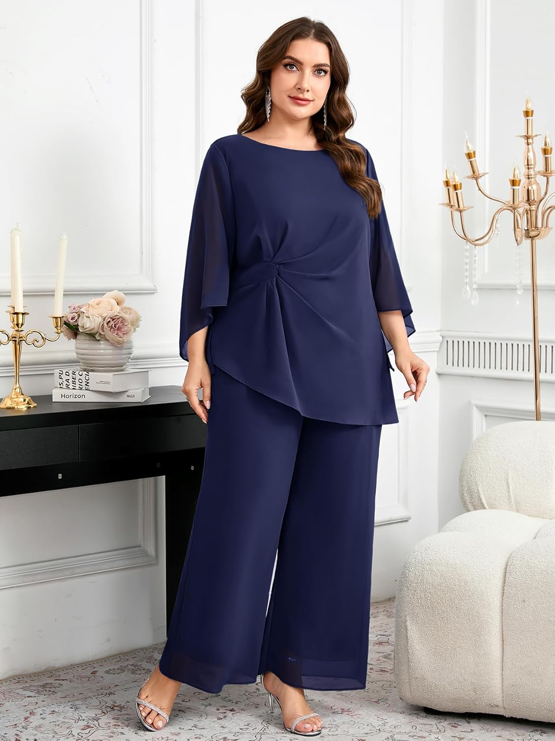 CYCLAMEN Plus Size Mother of Bride Pant Suits 2 Piece Chiffon Sets Asymmetric Wedding Guest Outfit - Image 2