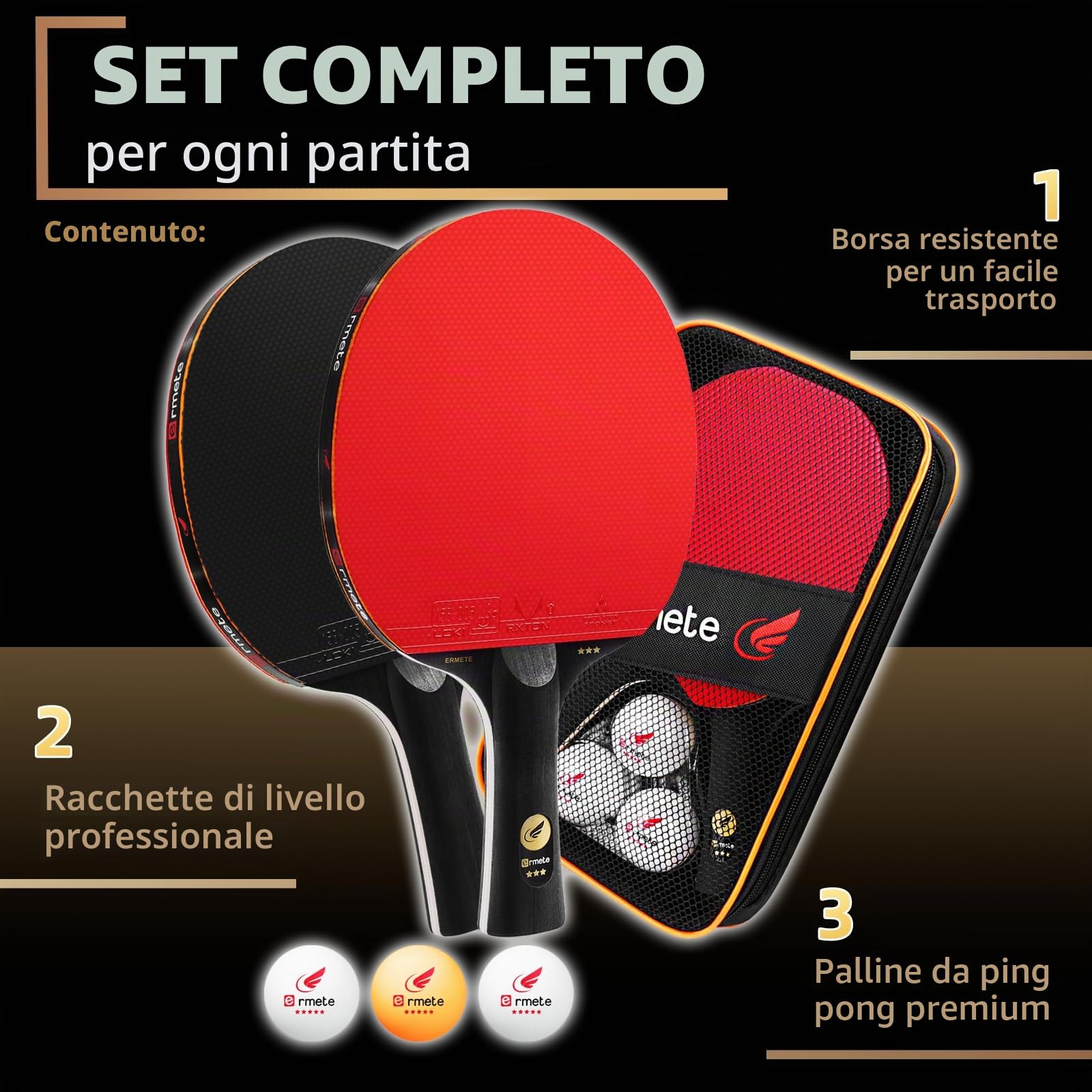 Set da ping pong, 2 racchette da ping pong professionisti, 3 palline da ping pong e borsa per il trasporto, ideale per principianti, famiglie e professionisti