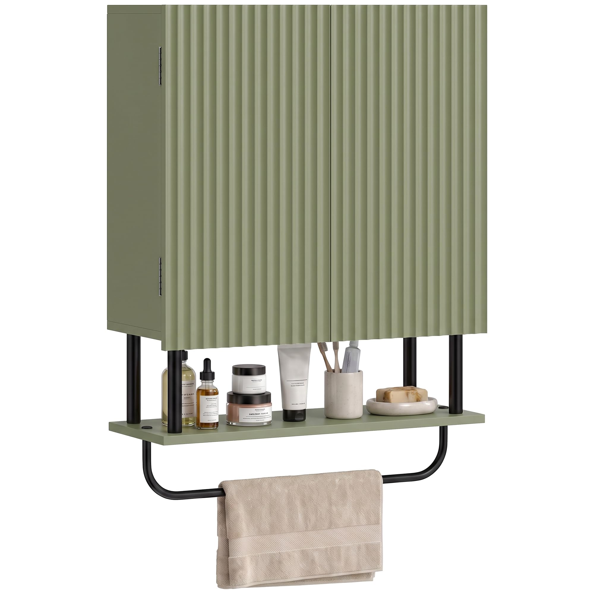 HOMCOM Bathroom Wall Cabinet, 2 Wavy Doors, Over Toilet, Towel Bar, Green