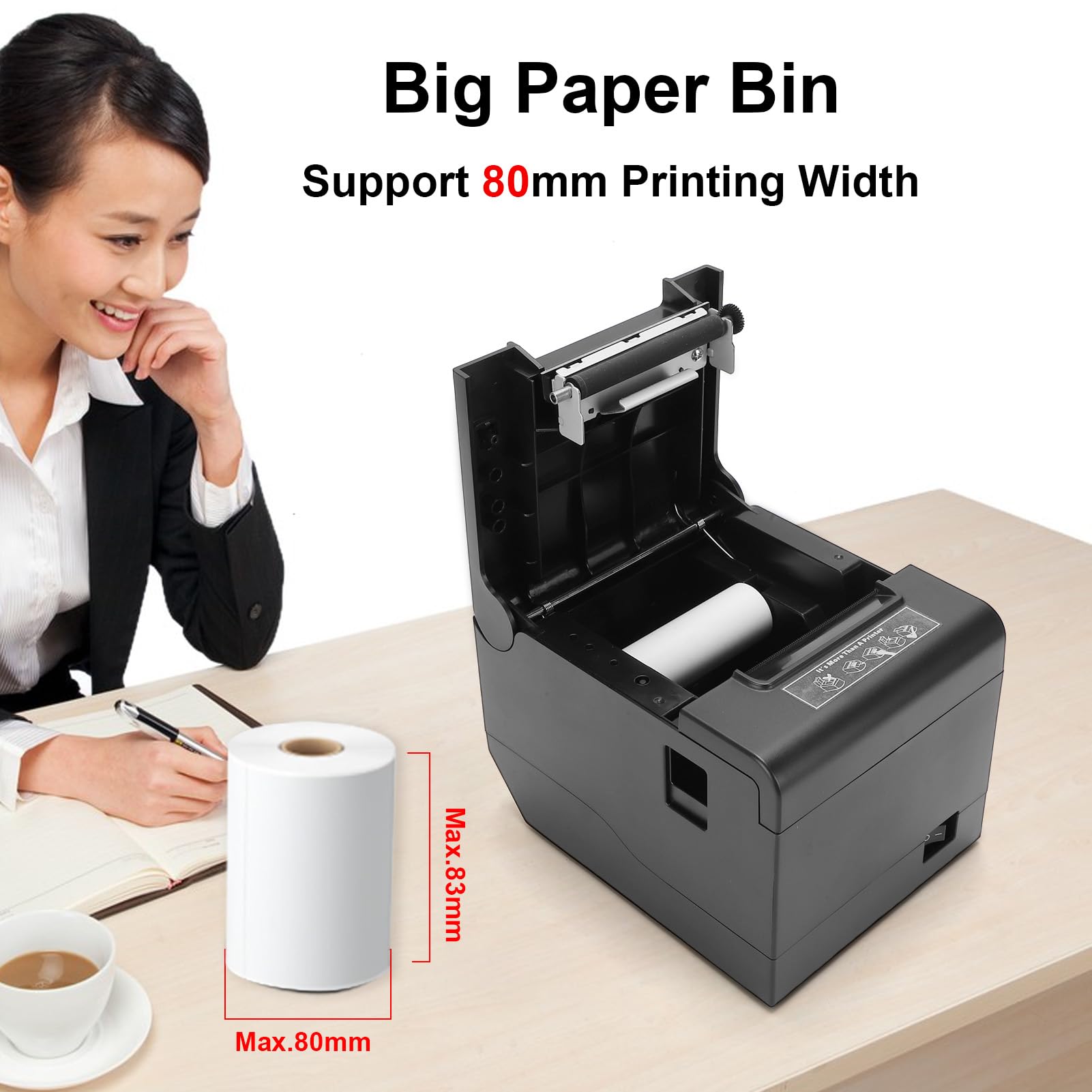 Bisofice Impresora térmica de recibos de 80 mm, impresora de recibos POS compatible con corte automático, ESC/POS, (260 mm/s, USB +WiFi)