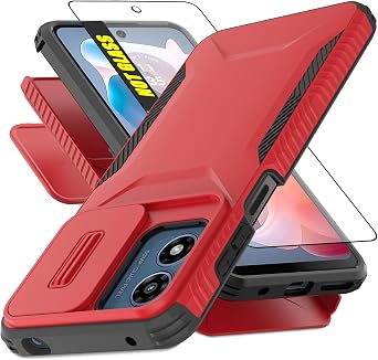 for Motorola G Play 4G 2024 Case, with 1 HD Screen Protector & Slide Camera Cover [Military-Grade] Heavy Duty Rugged Shockproof Protective Cover for Moto G Play 4G 2024Red