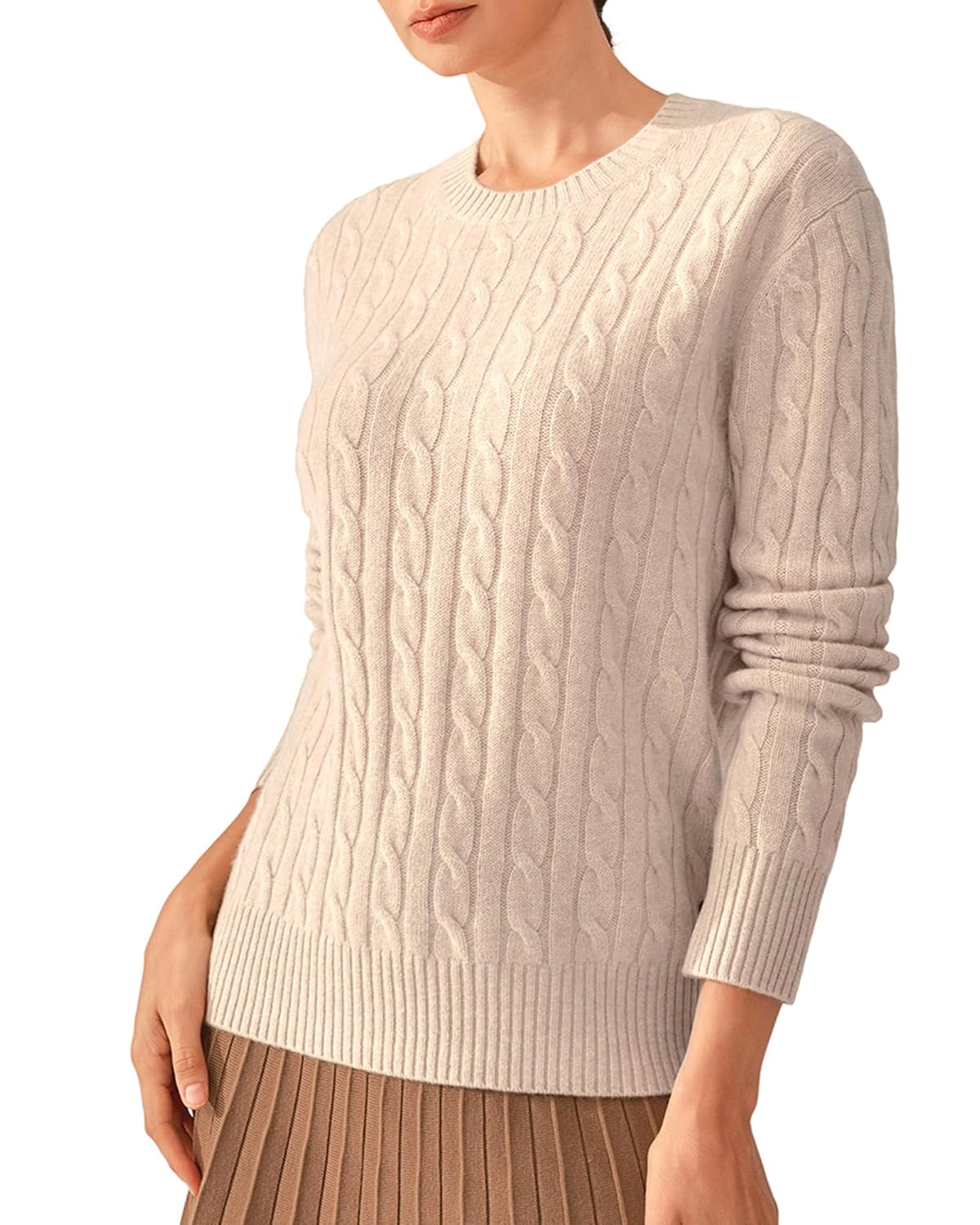 KVSS 100 Pure Cashmere Sweaters for Women Crewneck Cable-Knit Long Sleeve Pullover Sweater Luxury from Inner Mongolia