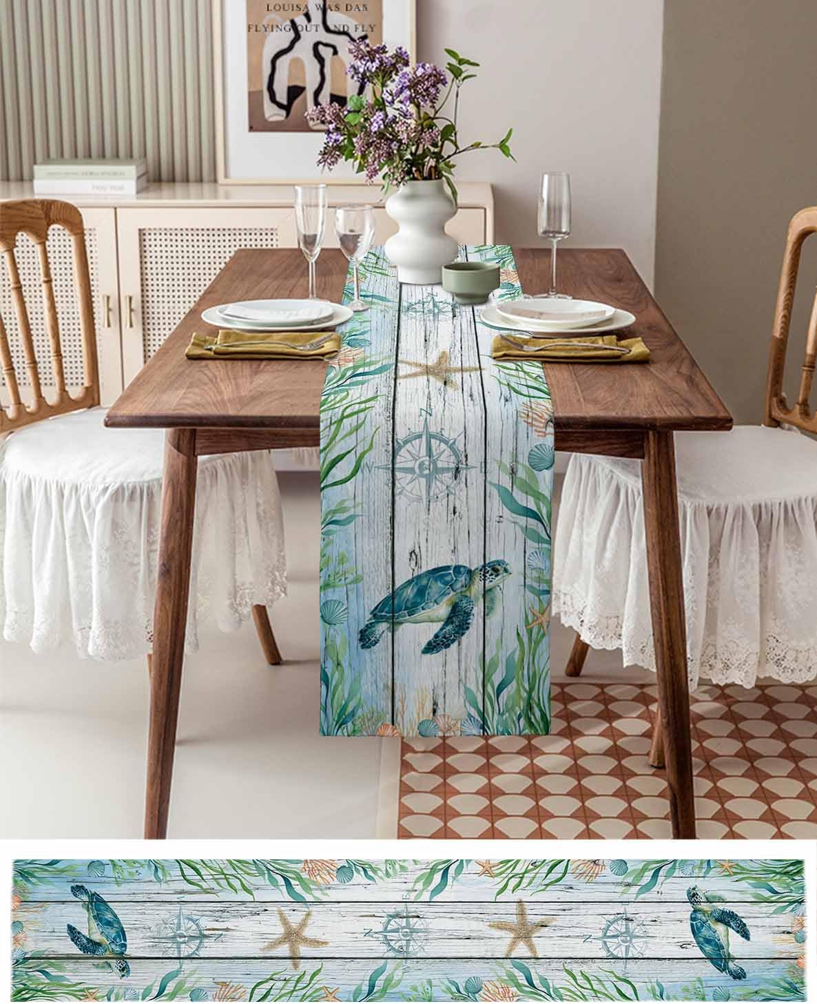 Coastal Turtle Table Runner 120 Inches Long for Dining Decor,Nautical Ocean Shells Seaweeds Starfish Burlap Linen Farmhouse Table Runner Washable Coffee Tablerunners Dresser Scarf for Kitchen Party