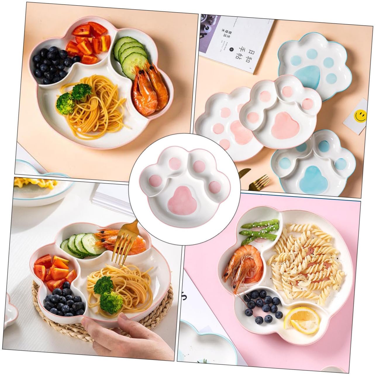 Uonlytech Assiette en Céramique à Compartiments 9 Pouces Couleur Rose, Plaque D’Accueil Multifonction pour Fruits Et Collations, Usage Quotidien Et Repas Équilibré, Design Original Patte De Chat