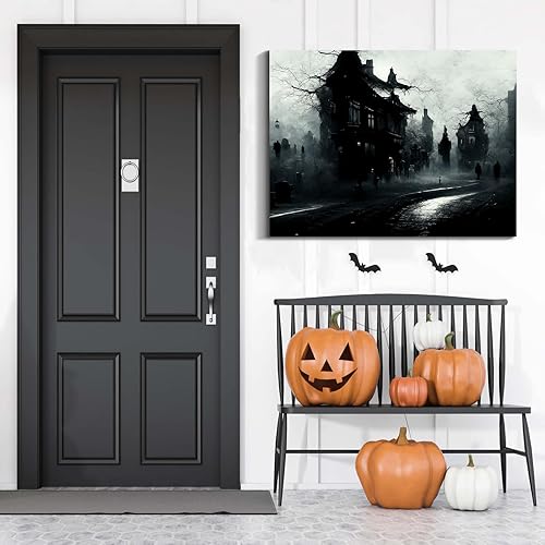 Miniatura 131 de Denozer Lienzo decorativo para pared de Halloween, castillo de terror de 32 x 24 pulgadas, decoración de pared de luna, decoración de otoño de Obra