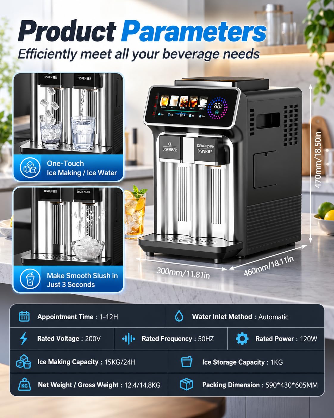 Machine à Glaçons Compacte 3 en 1, Glace Pilée et Eau Fraîche