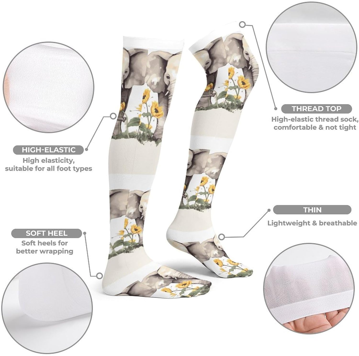 Elephant And Sunflower Knee High Stockings for Women 23.6" Breathable Thigh High Stockings Over The Knee Socks