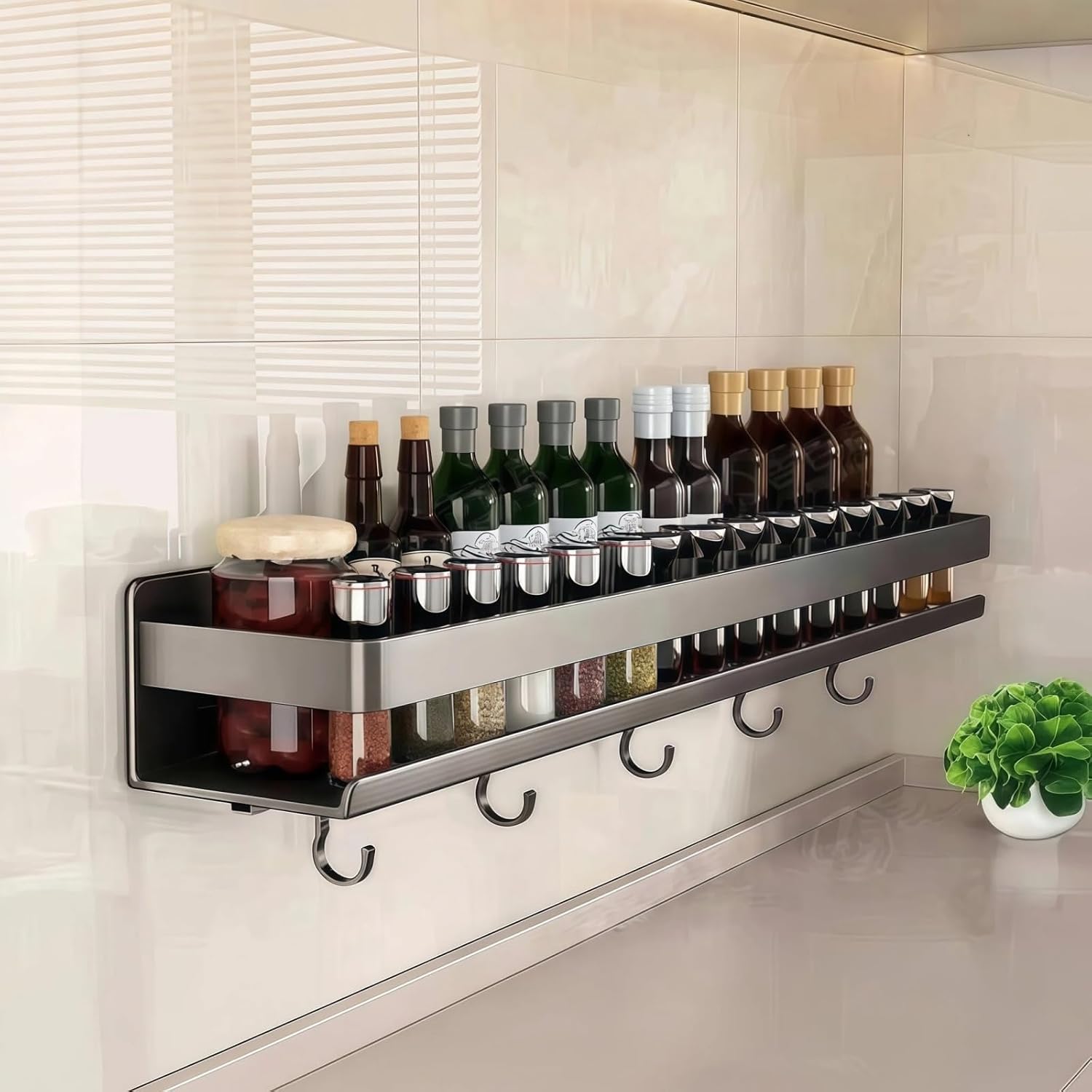 1 Pack Carbon Steel Wall Mounted Spice Rack with Hooks, RV No Drill Kitchen Wall Storage, Spice Racks Cabinet Mounted, Adhesive No-Drill Organizer, Dark Gray Storage Shelf for Kitchen Bathroom Cabinet