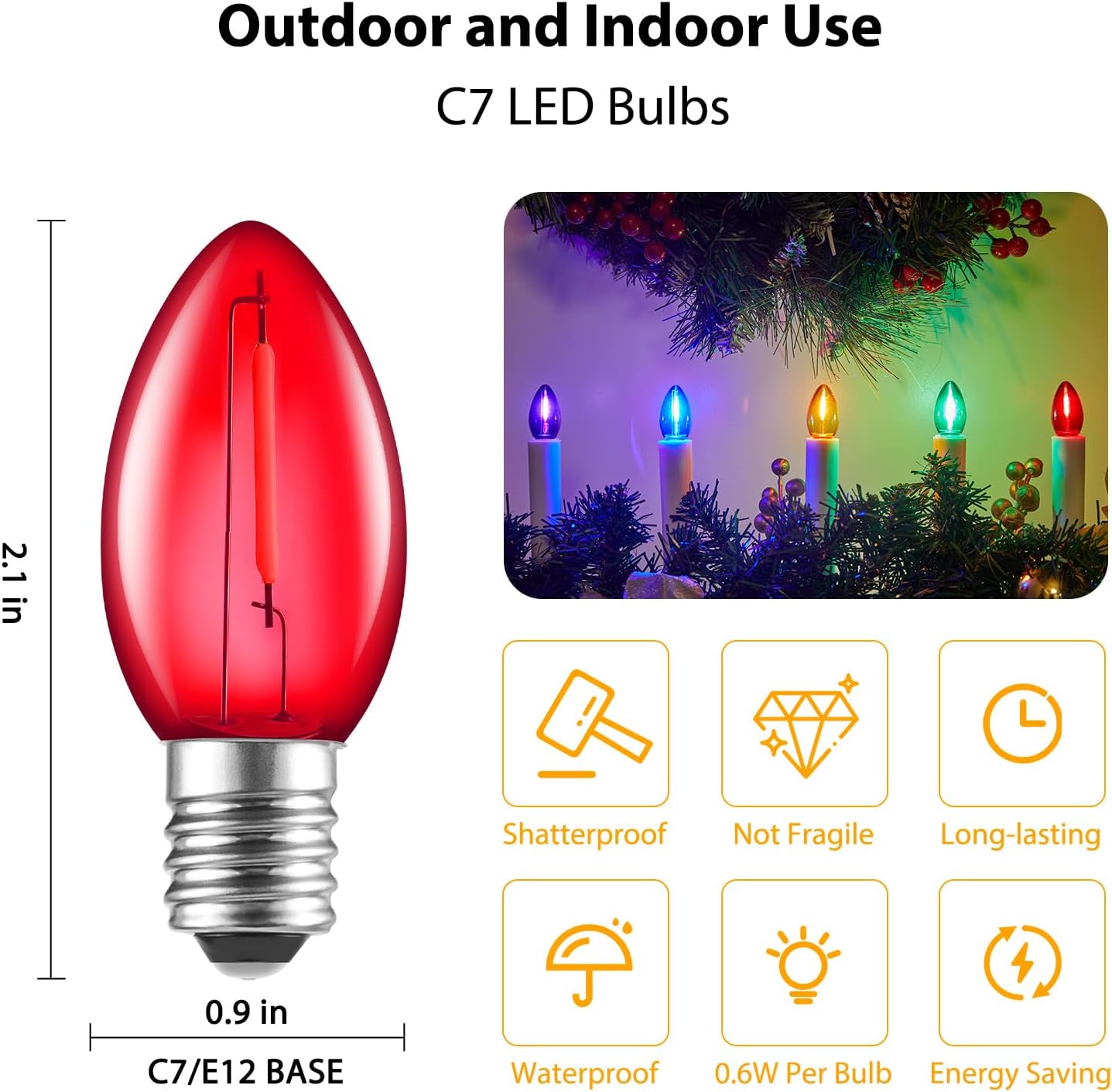 50 Pack C7 Multicolor LED Christmas Light Bulb, Waterproof C7 Replacement Bulbs for Outdoor Indoor Christmas String Lights, E12 Candelabra Base, Commercial Grade Holiday Bulbs for Decor Lighting