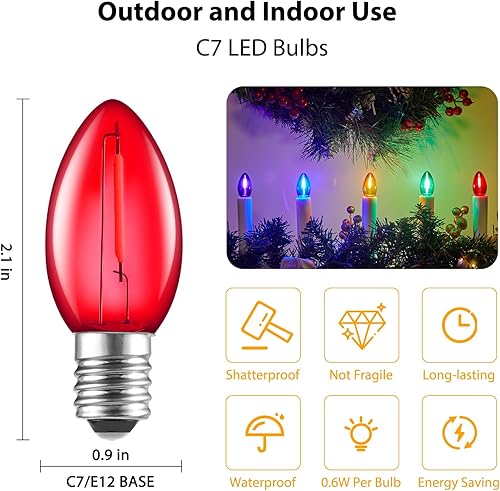 Vista 56 de Bombilla LED verde C7 de repuesto para Navidad, bombillas E12 C7 inastillables de repuesto, bombillas regulables de grado comercial para Navidad