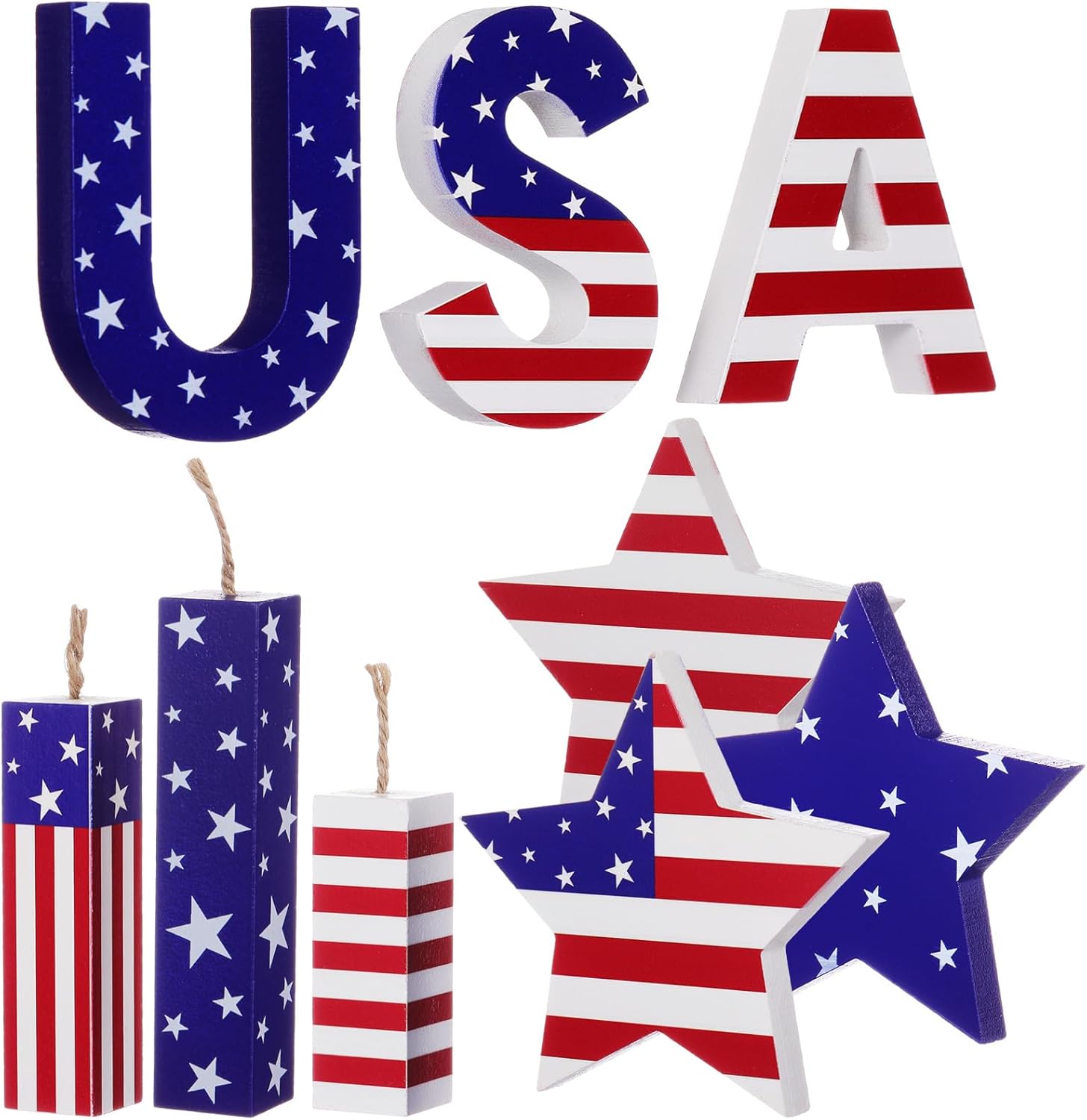 9 Pcs 250th Anniversary of American Decor July 4th Tiered Tray Decor Vintage Wooden Star Sign Fireworks USA American Flag Blocks Red Blue White Veterans Day Table Centerpiece for Mantel Office Home
