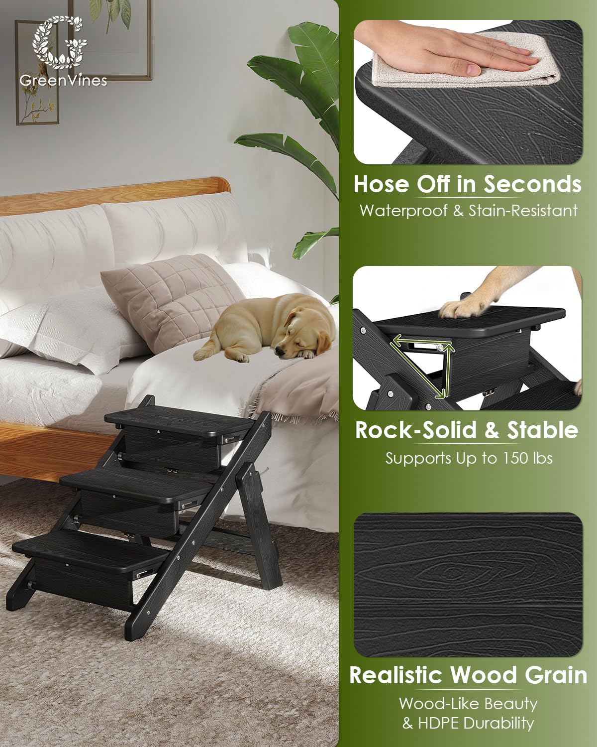 GREENVINES Dog-Stairs & Steps | HDPE Plastic | Wood Grain | 2-in-1 Foldable Pet Ramp | for Small Medium Dogs Cats | for Bed Couch Car Outdoor | No Assembly | Up to 150 lbs | 3-Step Ladder | Black