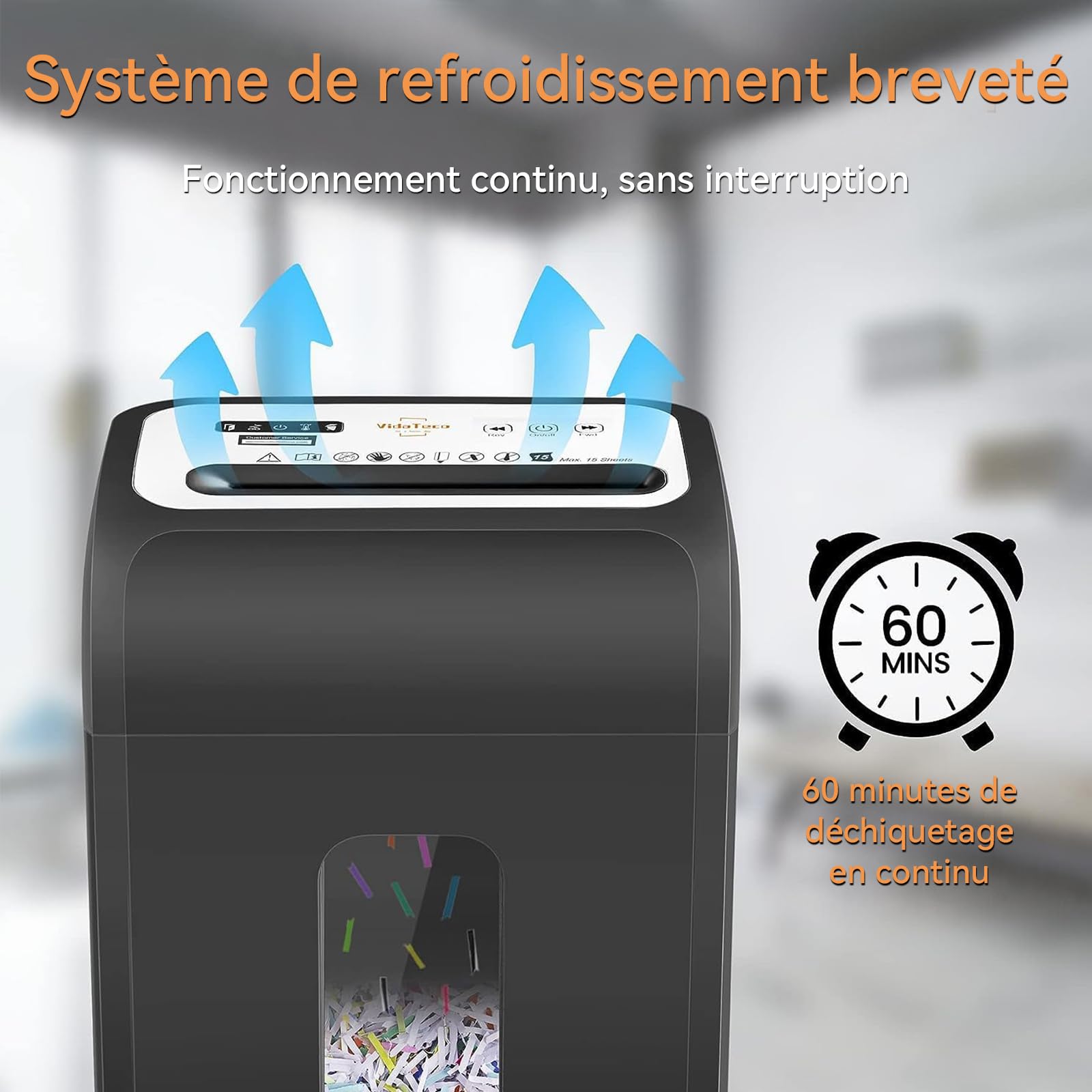 VidaTeco Déchiqueteuse & Destructeur de Documents Papier, Broyeur Papier 15 Feuilles P4, 60 Min, Bac 20L, 58dB Silencieux pour Bureau/Home Office