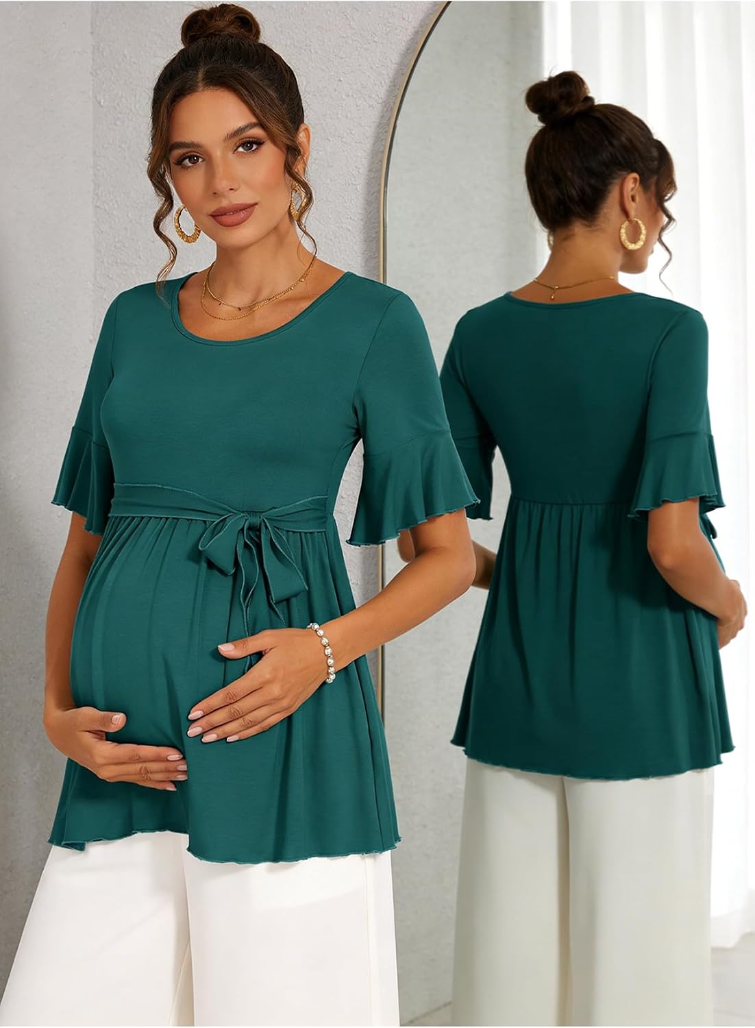 Women's Elegant Ruffle Short Sleeve Maternity Tops Self-Tie Waist Work Shirt Blouse Pregnancy Clothes