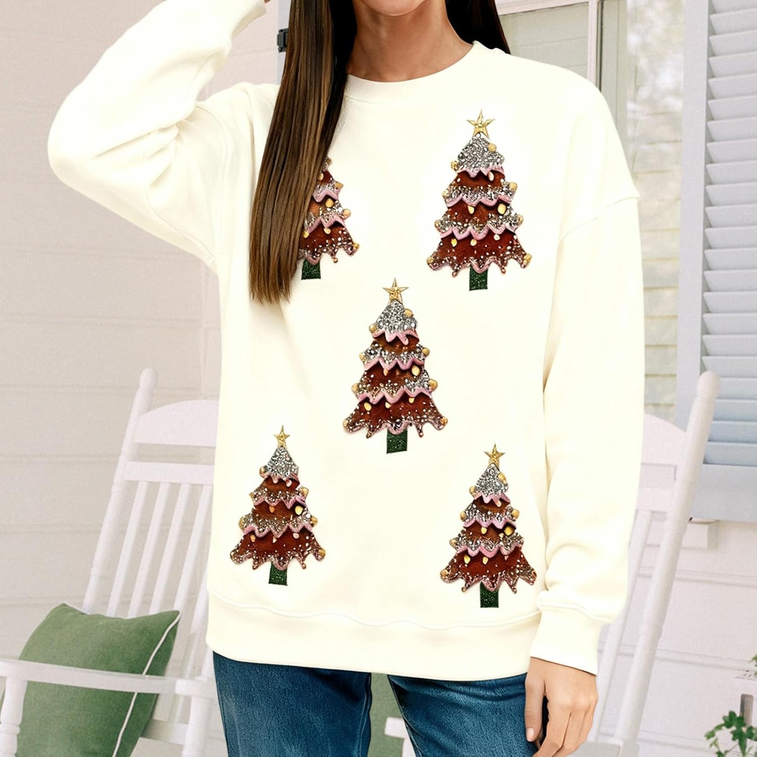 Argeousgor Women Sequin Christmas Sweatshirts Funny Graphic Printed Crewneck Side Slit Sparkly Glitter Pullover Tops - Image 3