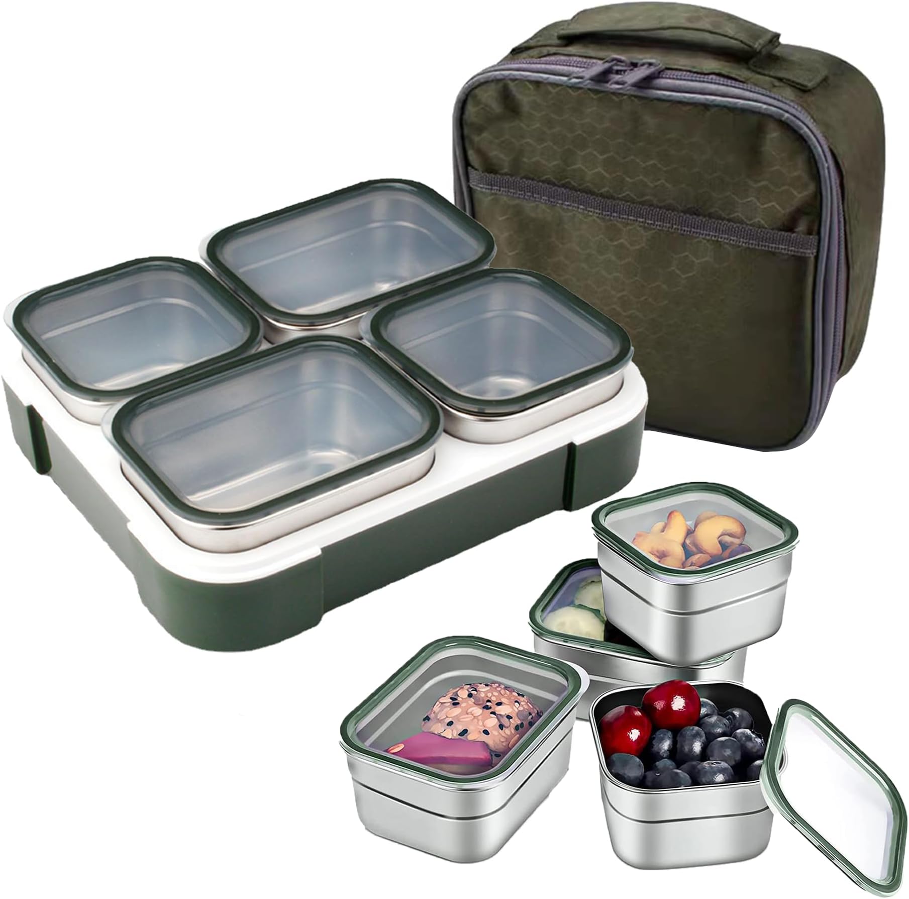 Stainless Steel Lunch Box for Adults Kids with Insulated Bag, Set of 4 Large Leakproof Meal Prep Food Containers for Men or Women, Lunch-boxes for Work or School,1060ml Green