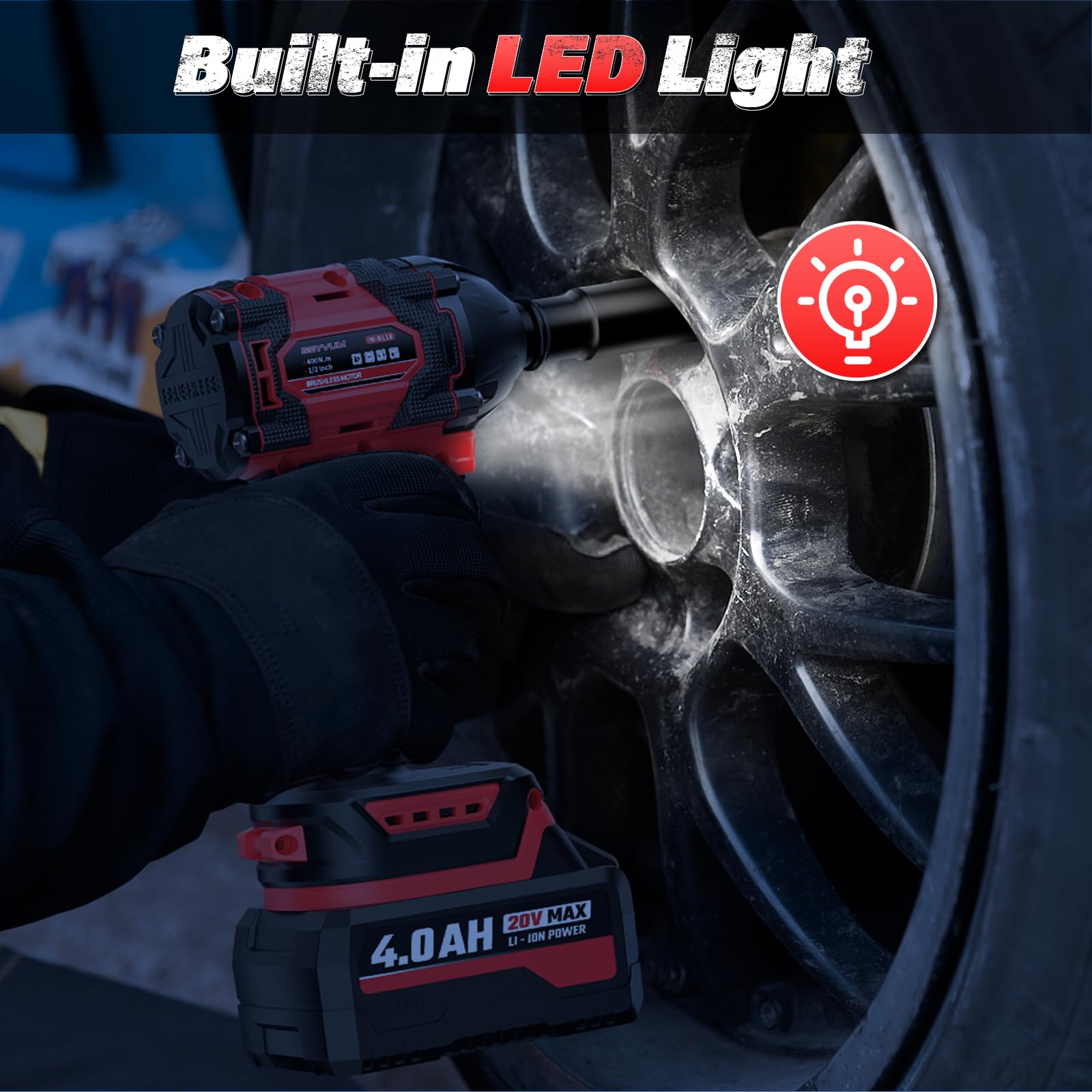 SEYVUM Impact Wrench, Max Torque 400 N.m Cordless 1/2 Impact Driver, 20V 3000RPM Brushless Motor, 4.0Ah Li-ion Battery and Fast Charger, 4 Pcs Sockets Included 4