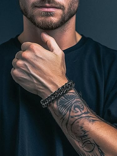 Miniatura 7 de Richsteel Pulsera de cadena de eslabones chapada en oro y negro para hombres de 81217mm de ancho, 7.48.29 pulgadas de longitud (envoltura de regalo)