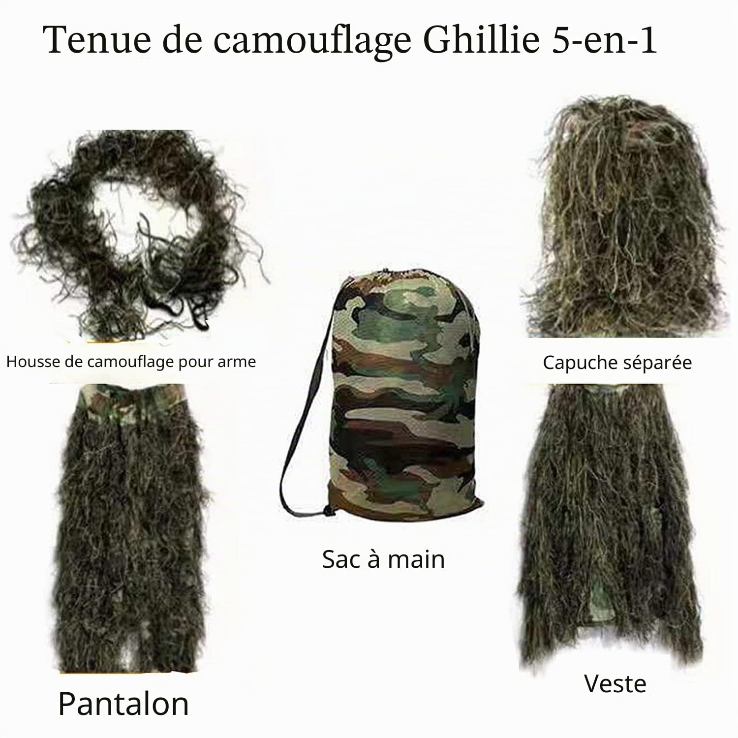 Costume 5 en 1, camouflage 3D, vêtements de chasse en plein air, y compris veste, pantalon, capuche, sac de transport pour adultes, enfants et jeunes