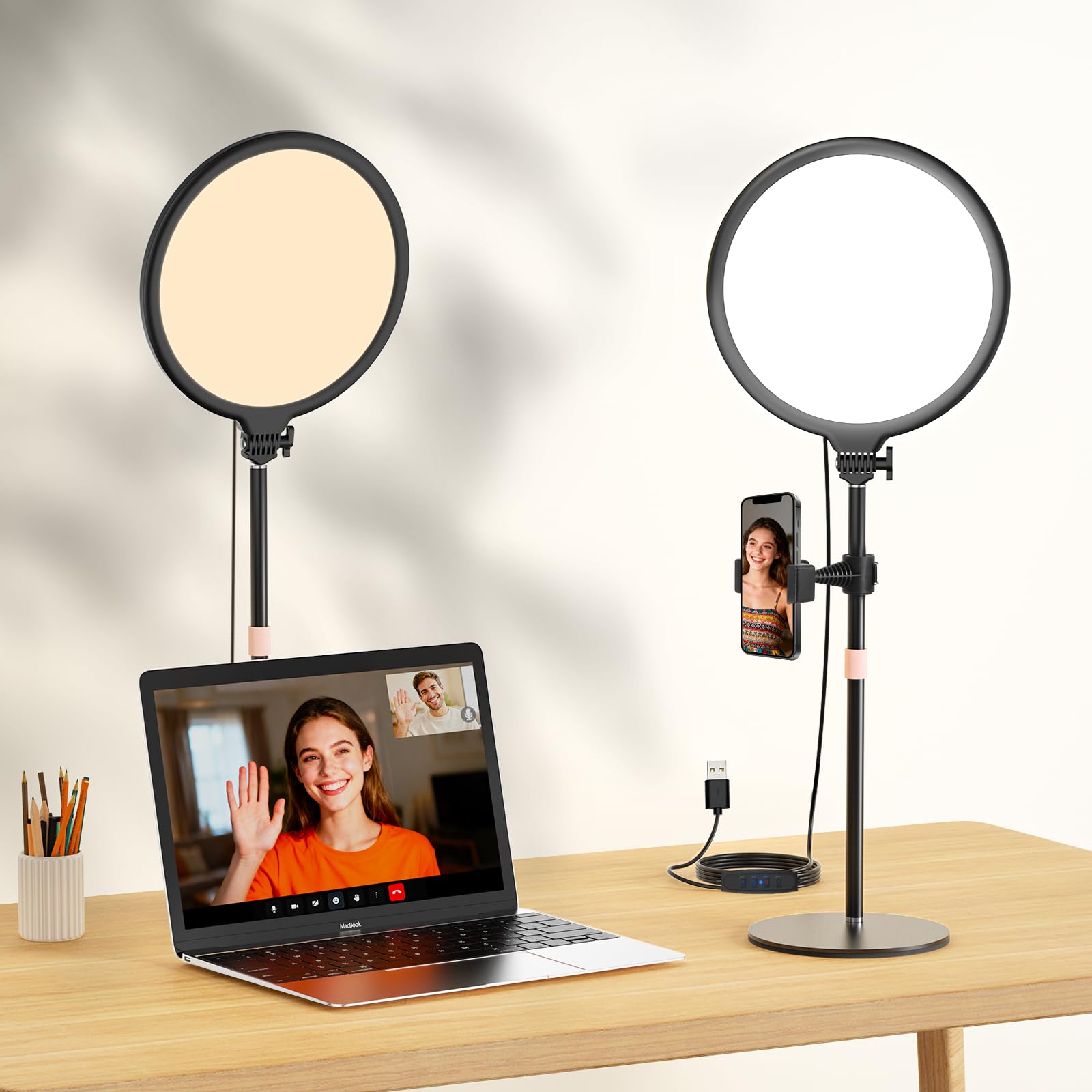 LUXCEO Key Light, światło wideo LED ze statywem stołowym, 10 W, 3000-6000 K, możliwość ściemniania, pełnoekranowa lampa pierścieniowa, do strumieniowania wideo TikTok YouTube i konferencji, kamera