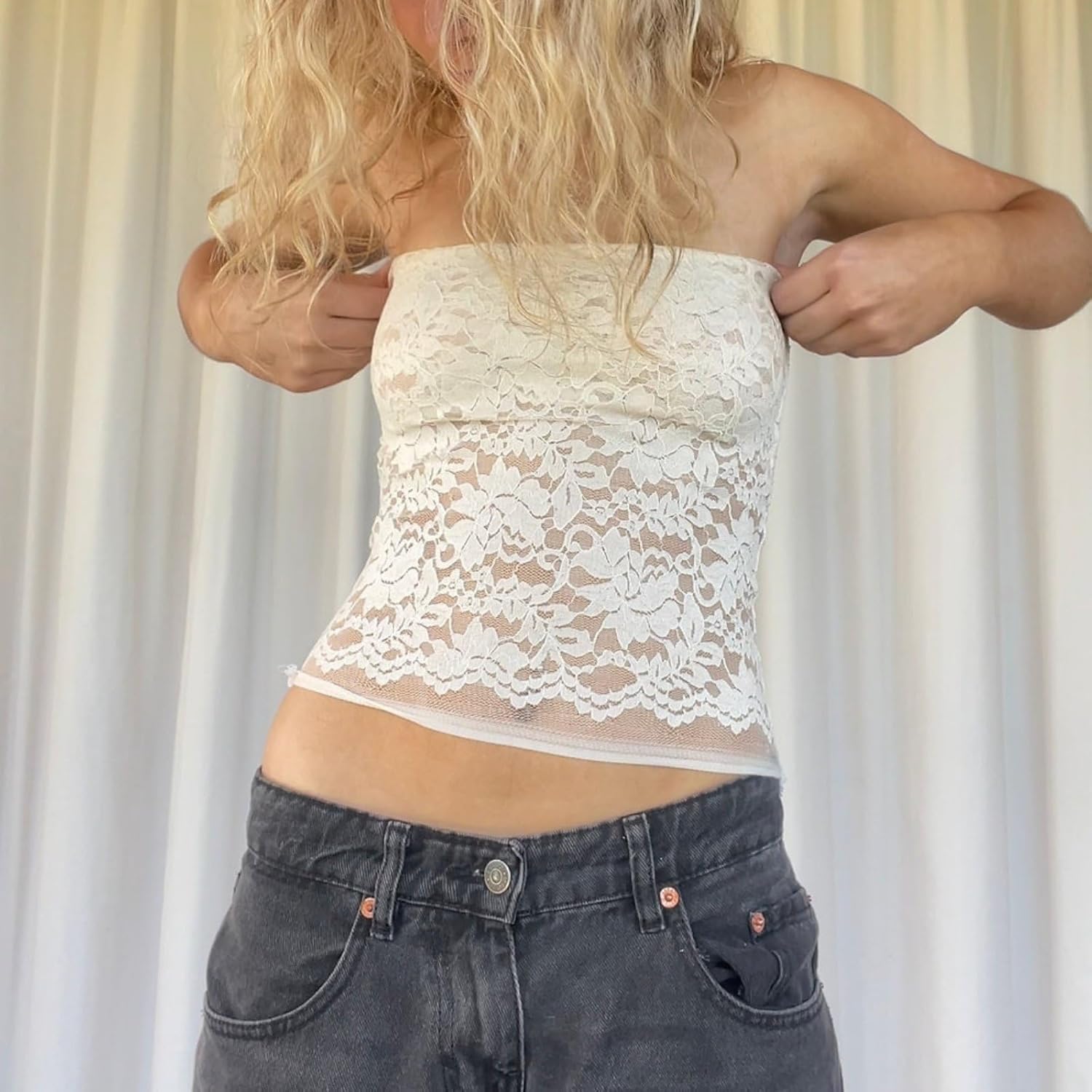 Women Strapless Lace Mesh Tube Top Floral Print Sleeveless Bandeau Backless Slim Fit Crop Tops Summer Streetwear - Image 2