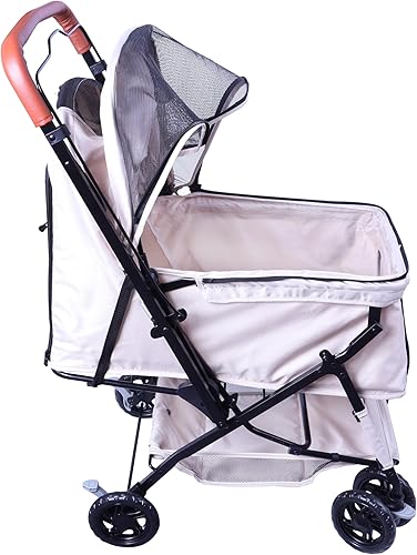 Miniatura 7 de Cochecito para mascotas (4 ruedas para gatos y perros) con mango reversible para mascotas pequeñas y medianas de hasta 33 libras, caqui