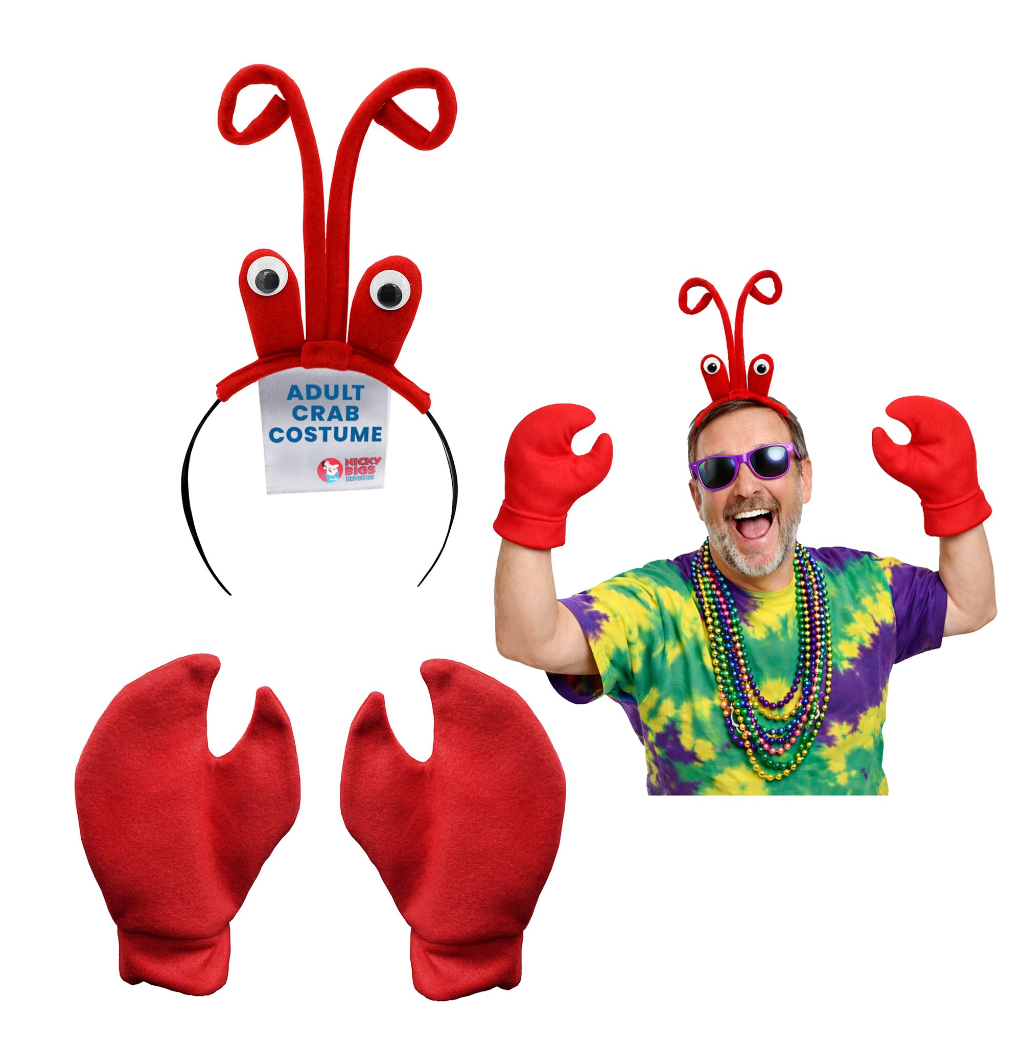 Nicky Bigs Novelties - Lobster Headband with Eyeballs, Adult Crab Costume Women and Men, Crawfish Red Headband and Claws, Crab Gloves Crawfish Hat Lobster, Sea Animal Lobster Costume Adult, One Size