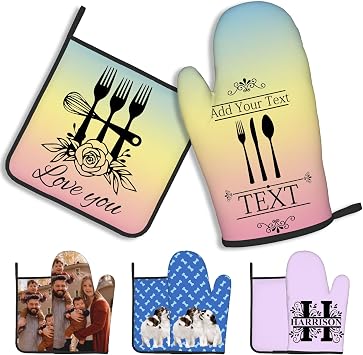 Custom Oven Mitts Pot Holders Personalized Name and Photo Heat and Slip Resistant Oven Mitts for Friends Family Kitchen Cooking Baking Grilling Gift