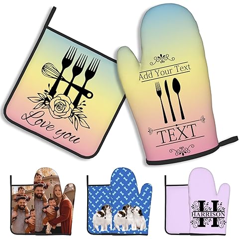 Custom Oven Mitts Pot Holders Personalized Name and Photo Heat and Slip Resistant Oven Mitts for Friends Family Kitchen Cooking Baking Grilling Gift