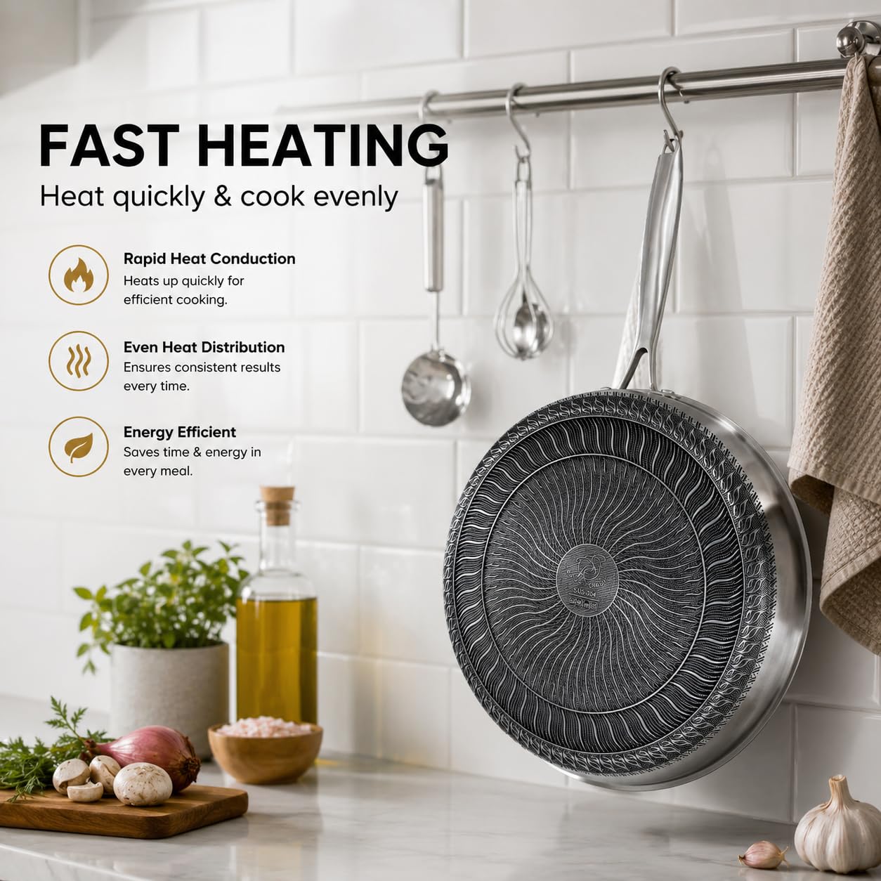 Royal Swiss Wok 32 cm in acciaio inossidabile Triply - Rivestimento antiaderente a nido d'ape - Compatibile con induzione, gas e tutti i fuochi, con coperchio in vetro, cottura sana e durevole