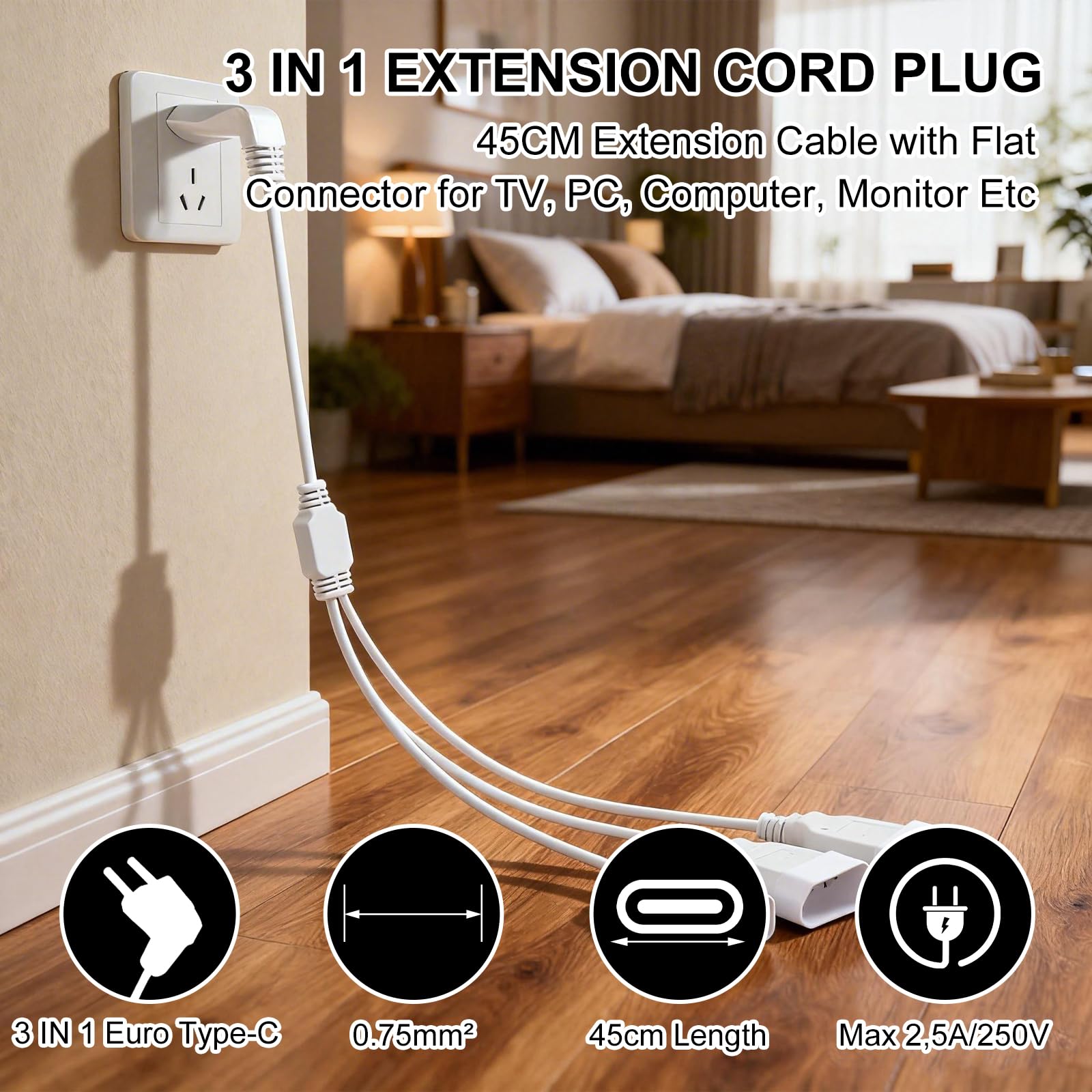 HENGBIRD Przedłużacz 3 w 1, płaska wtyczka euro, przedłużacz 90°, płaska wtyczka 2,5 A/250 V, 0,5 m, krótki kabel przedłużający, potrójna wtyczka do telewizora, komputera, monitora, gospodarstwa