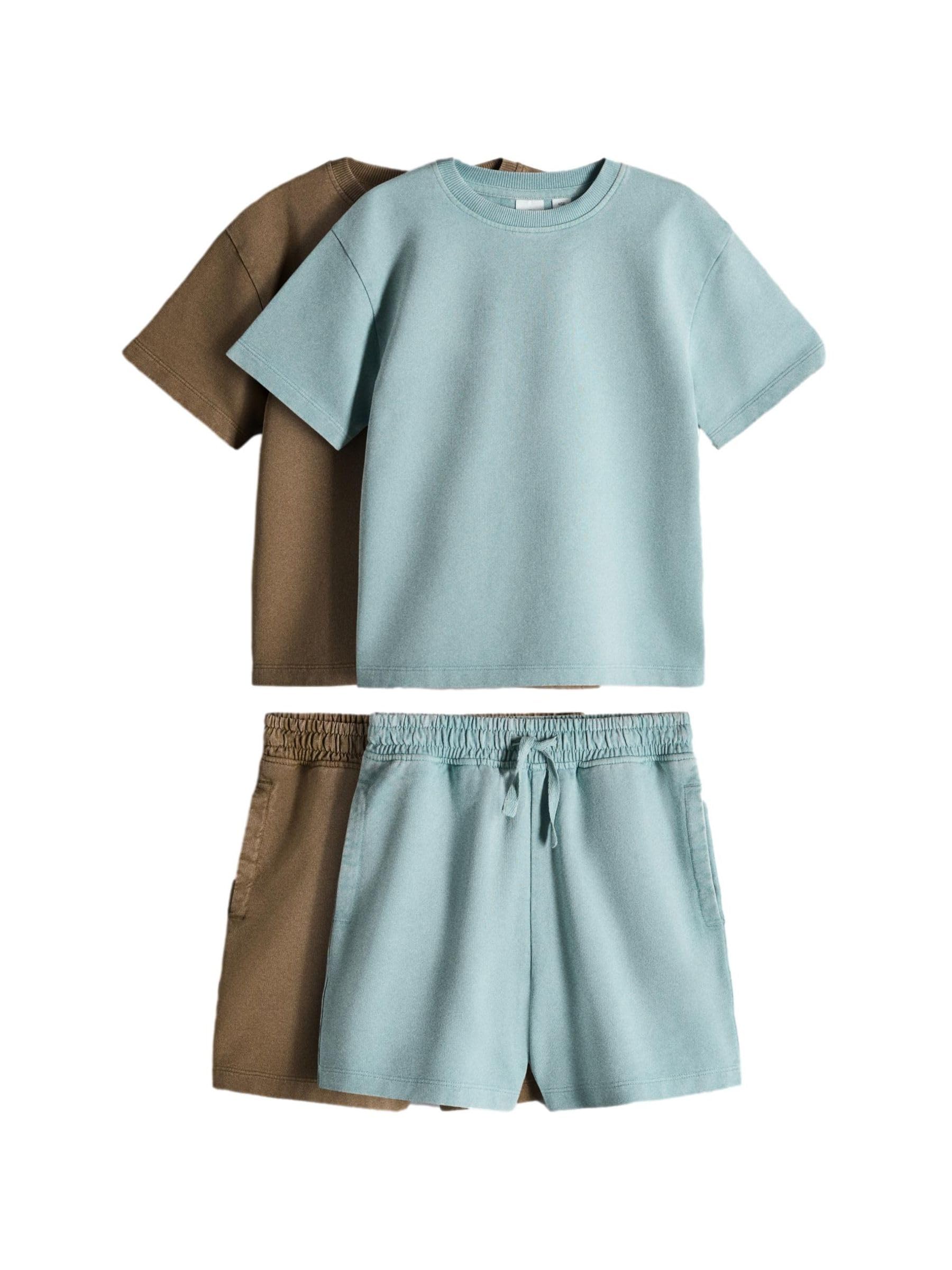 THE SET Jungen Oversized-T-Shirt aus gewaschenem Baumwoll-Jersey und Shorts im Set, 2er-Pack