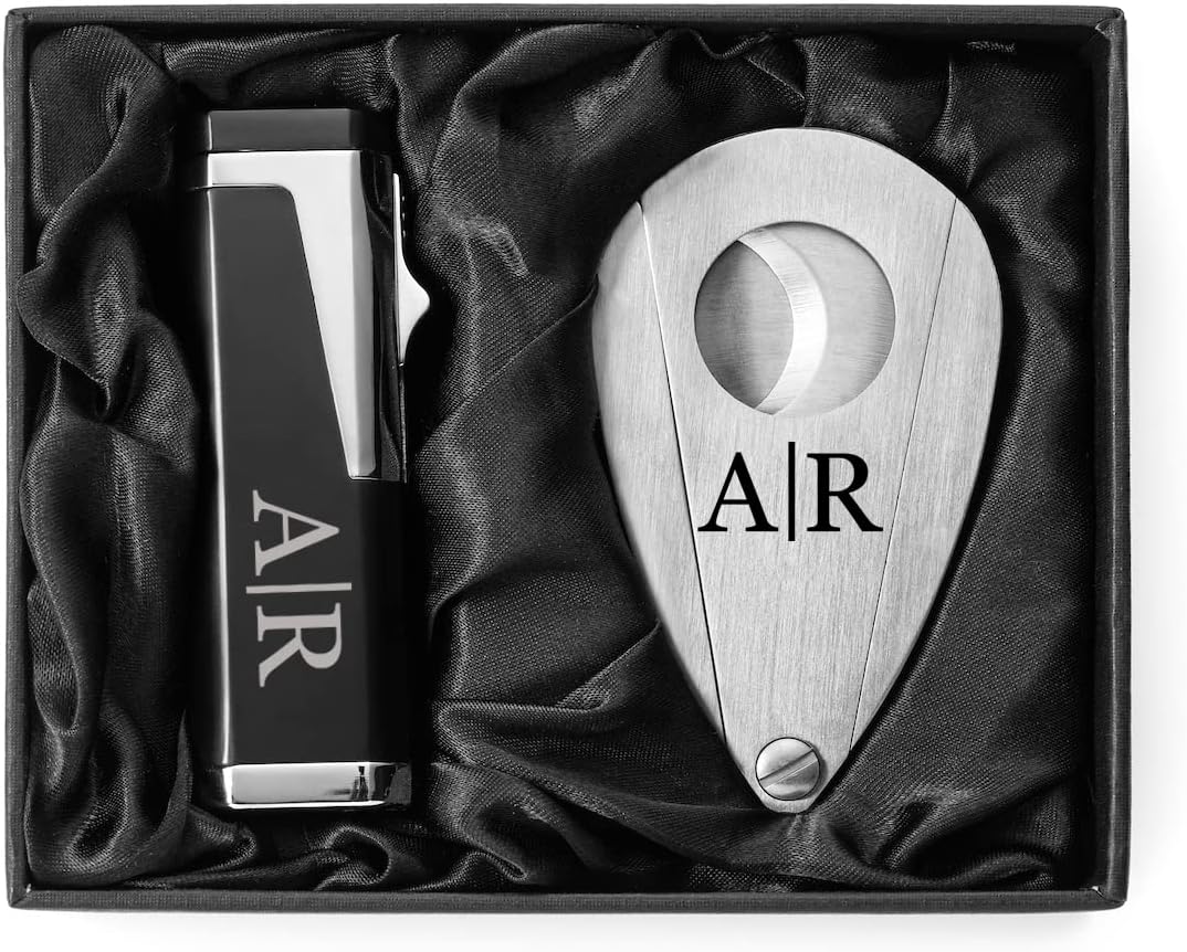 Engraved Stainless Steel Cigar Cutter & Triple Flame Torch Lighter with Punch Cutter Personalized Custom (Initials Monogram)
