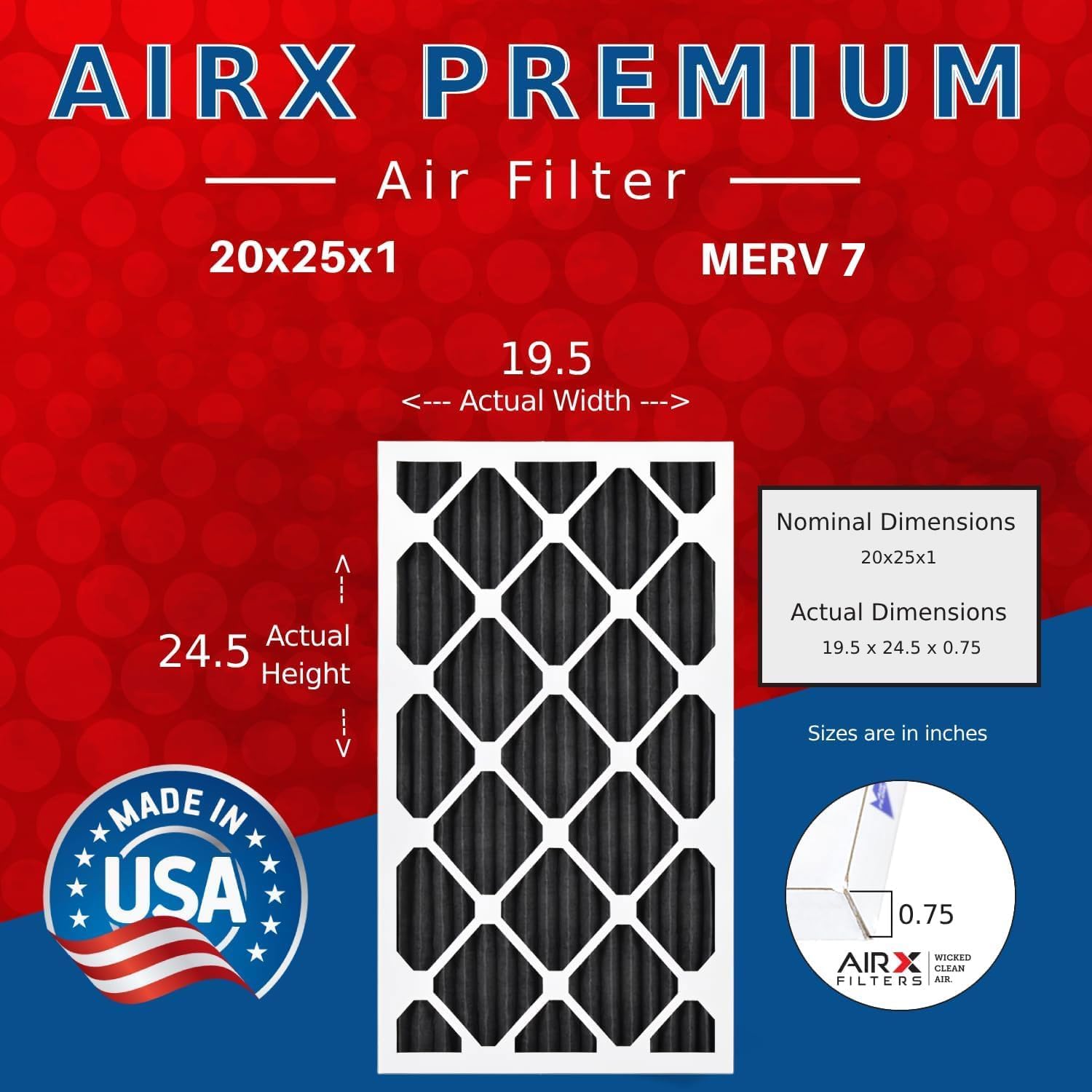 AIRX FILTERS WICKED CLEAN AIR. 20x25x1 Air Filter Odor Eliminator Carbon Filter MERV 7 AC HVAC Furnace Filters 6 Pack